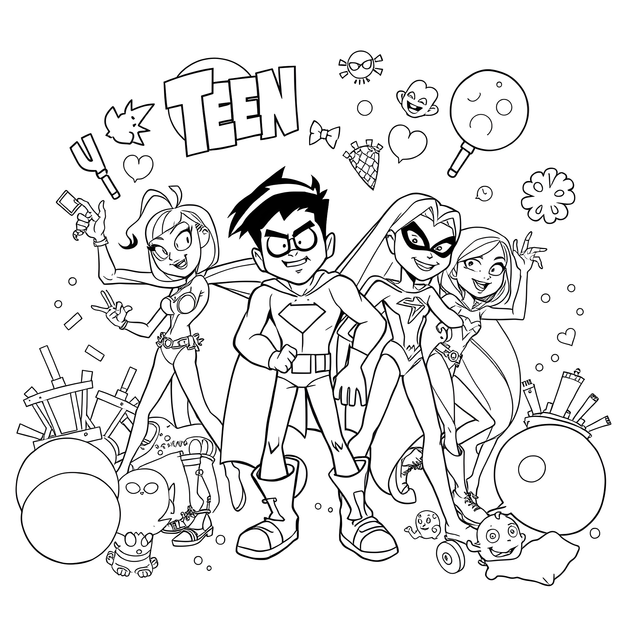 Teen Titans in Action Coloring Page (free black-and-white line drawing printable PDF for all, from beginners to advanced learners, including children, teens, adults, and seniors)