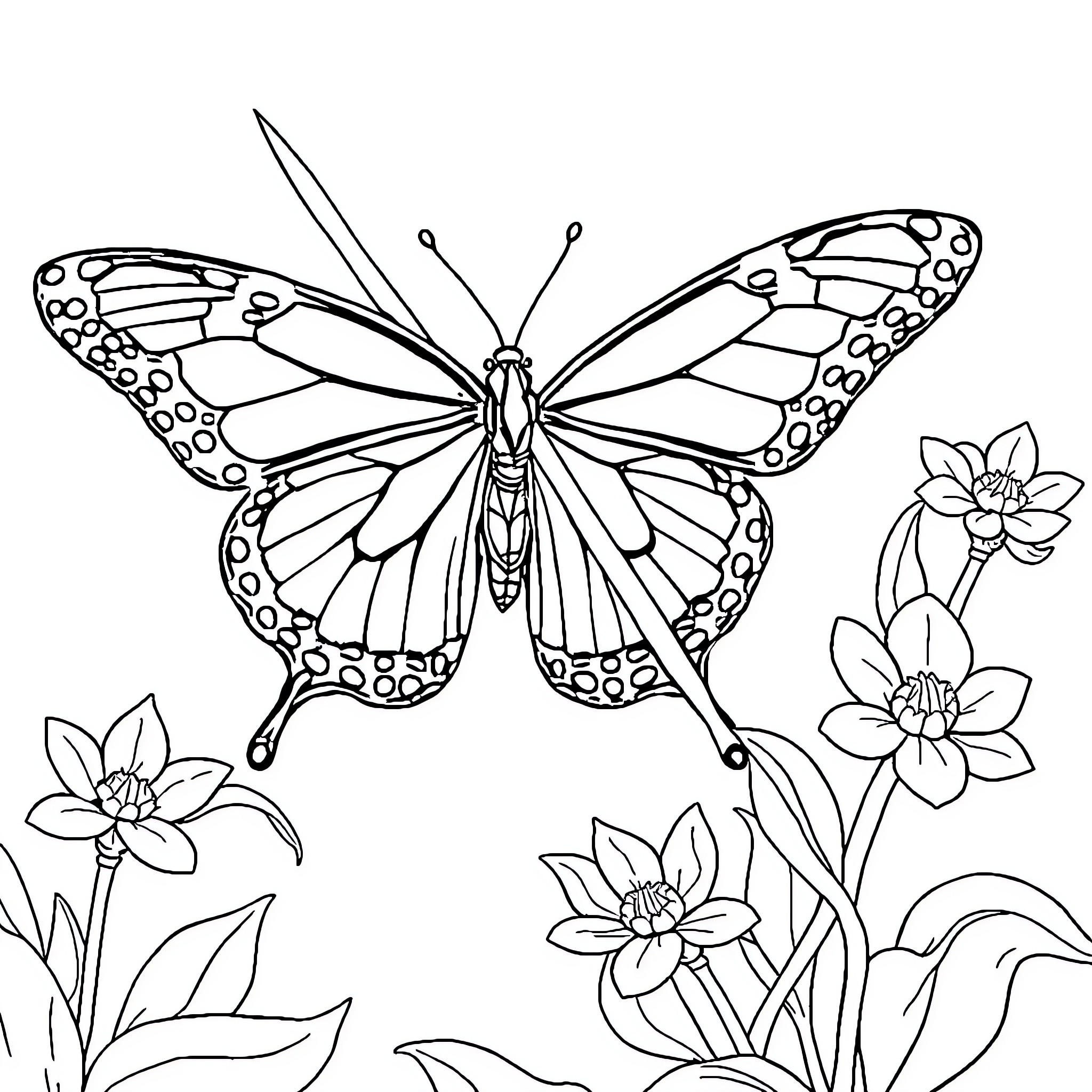 Butterfly in nature with flowers Coloring Page (free black-and-white line drawing printable PDF for all, from beginners to advanced learners, including children, teens, adults, and seniors)
