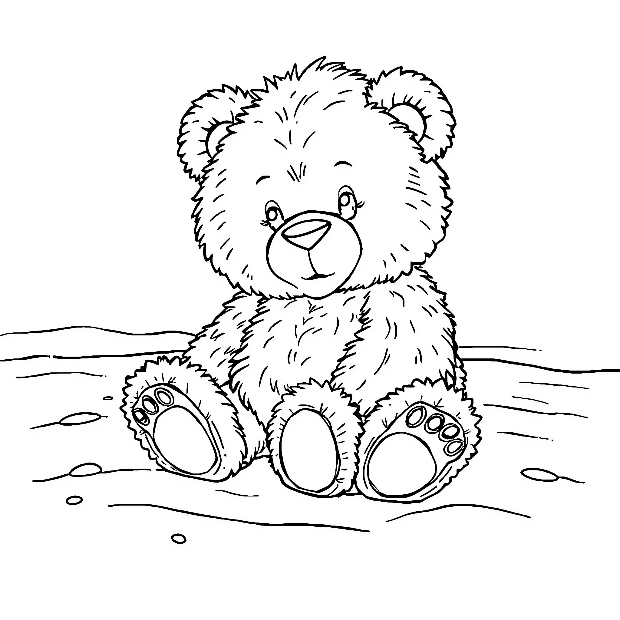 Teddy Bear Sitting Happily on the Ground Coloring Page (free black-and-white line drawing printable PDF for all, from beginners to advanced learners, including children, teens, adults, and seniors)