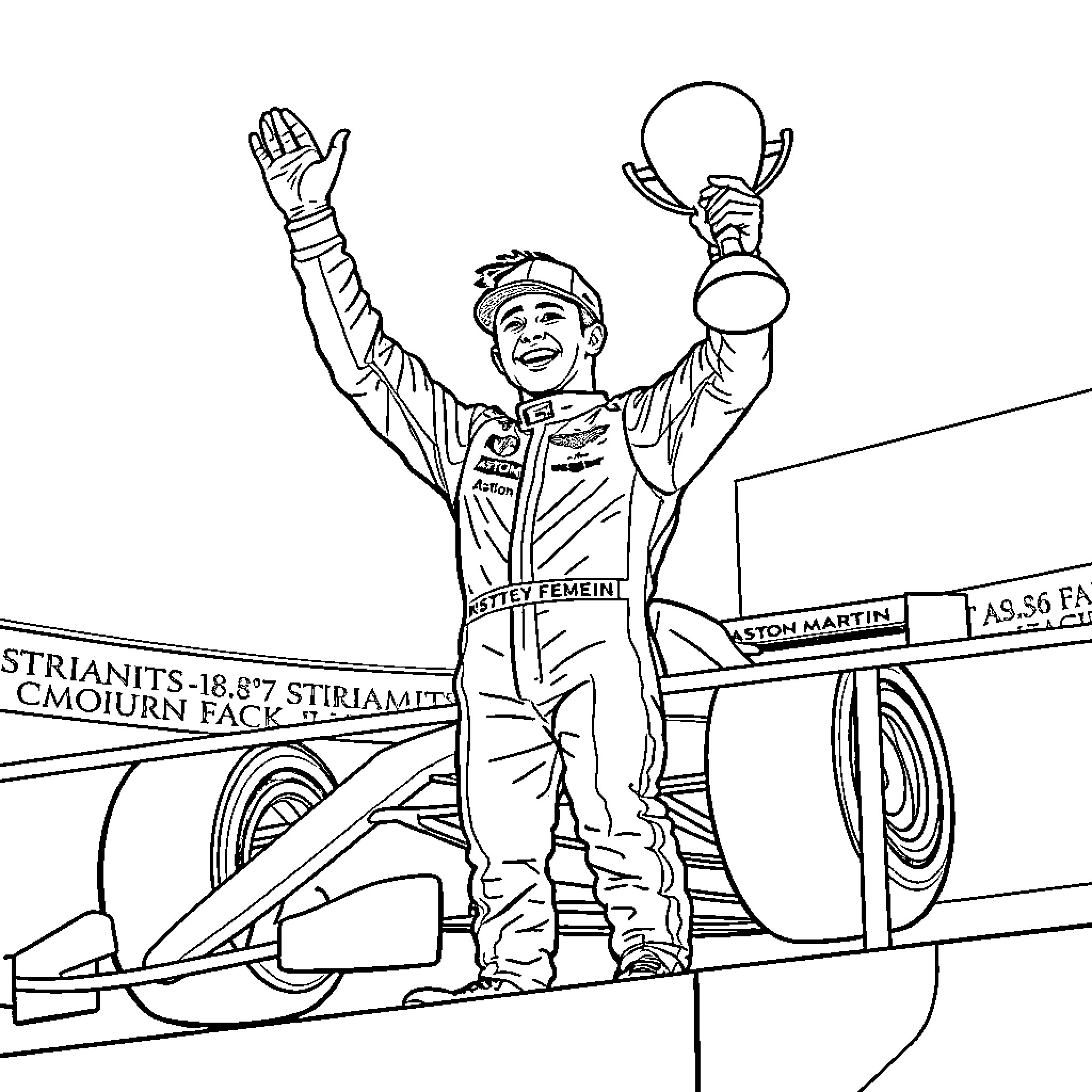Lance Stroll celebrating victory with trophy Coloring Page (free black-and-white line drawing printable PDF for all, from beginners to advanced learners, including children, teens, adults, and seniors)