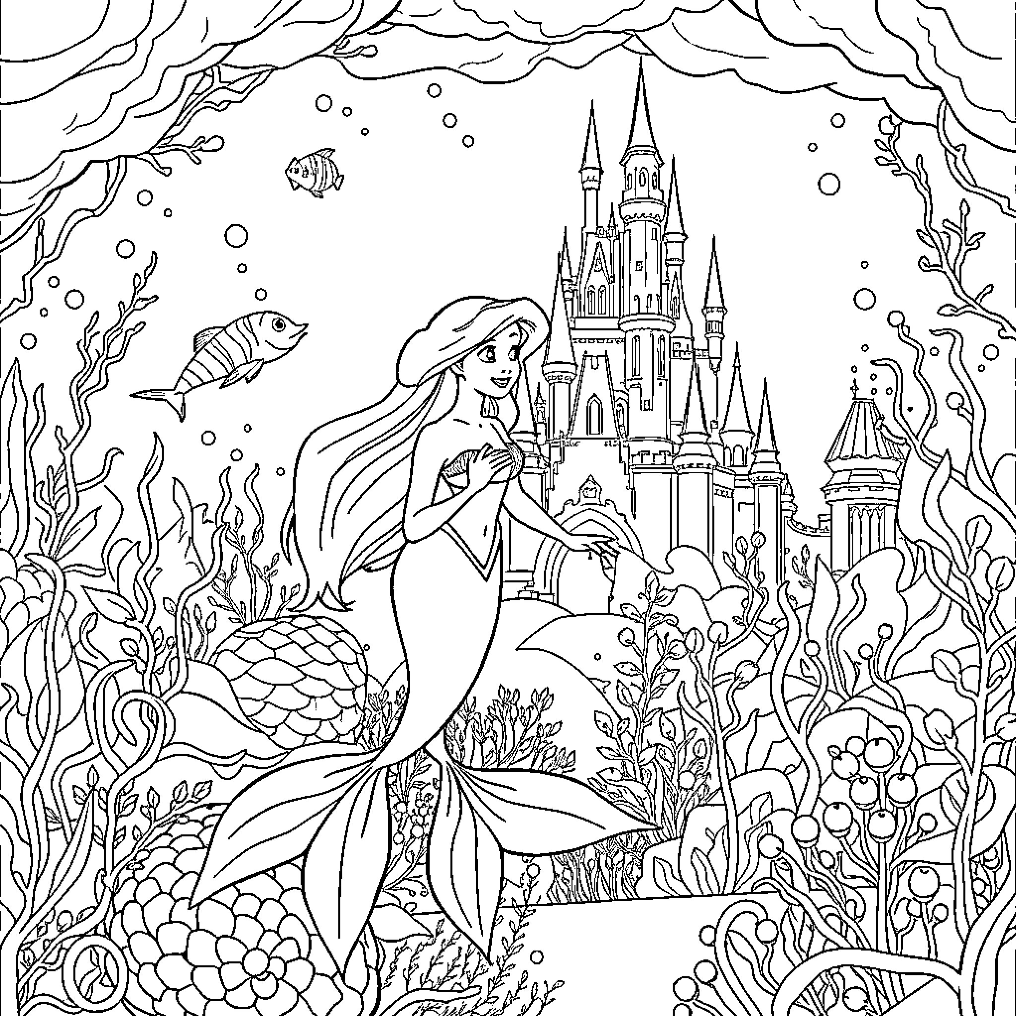 Mermaid swimming near a magical underwater castle Coloring Page (free black-and-white line drawing printable PDF for all, from beginners to advanced learners, including children, teens, adults, and seniors)