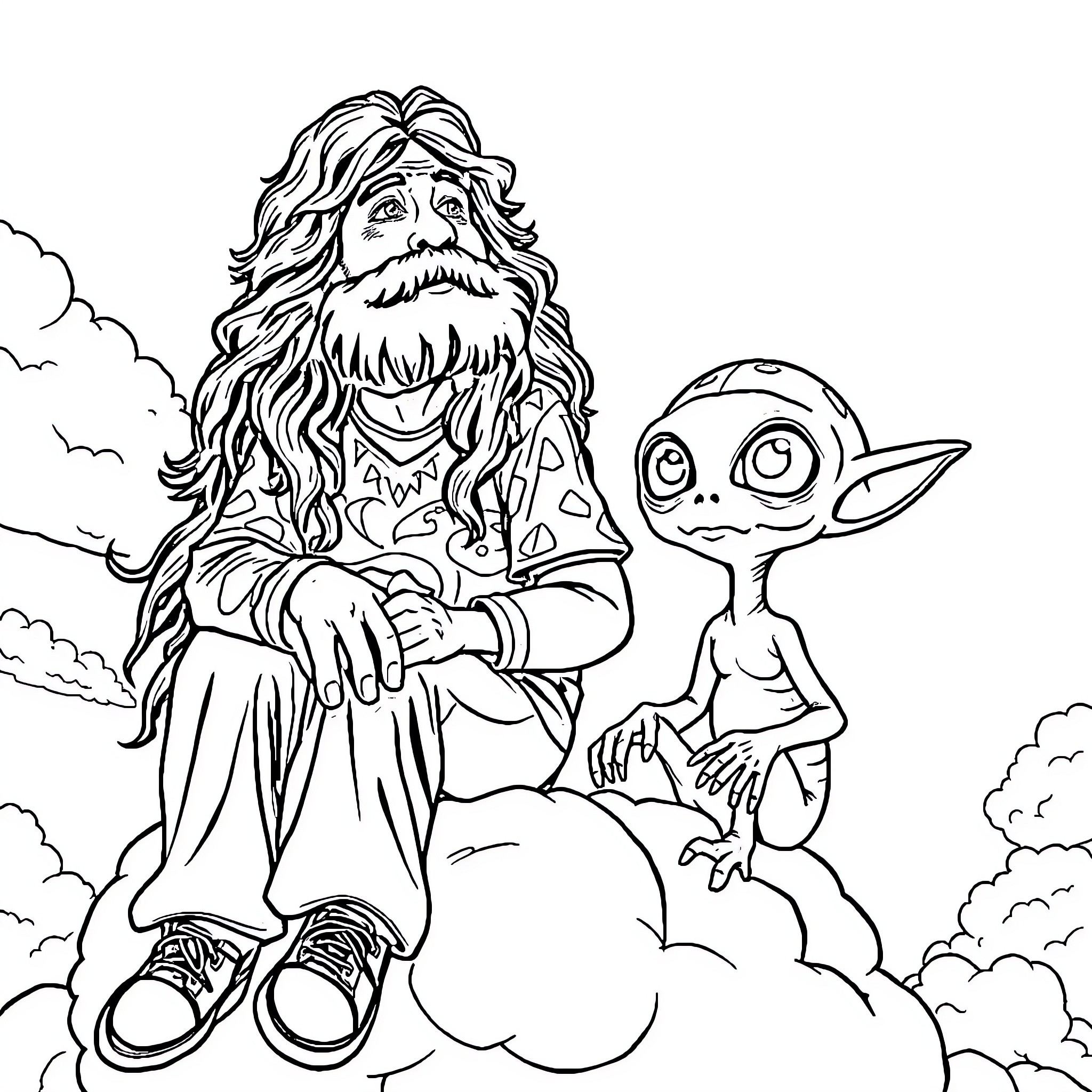 Jerry Garcia talking with a friendly alien in the clouds Coloring Page (free black-and-white line drawing printable PDF for all, from beginners to advanced learners, including children, teens, adults, and seniors)
