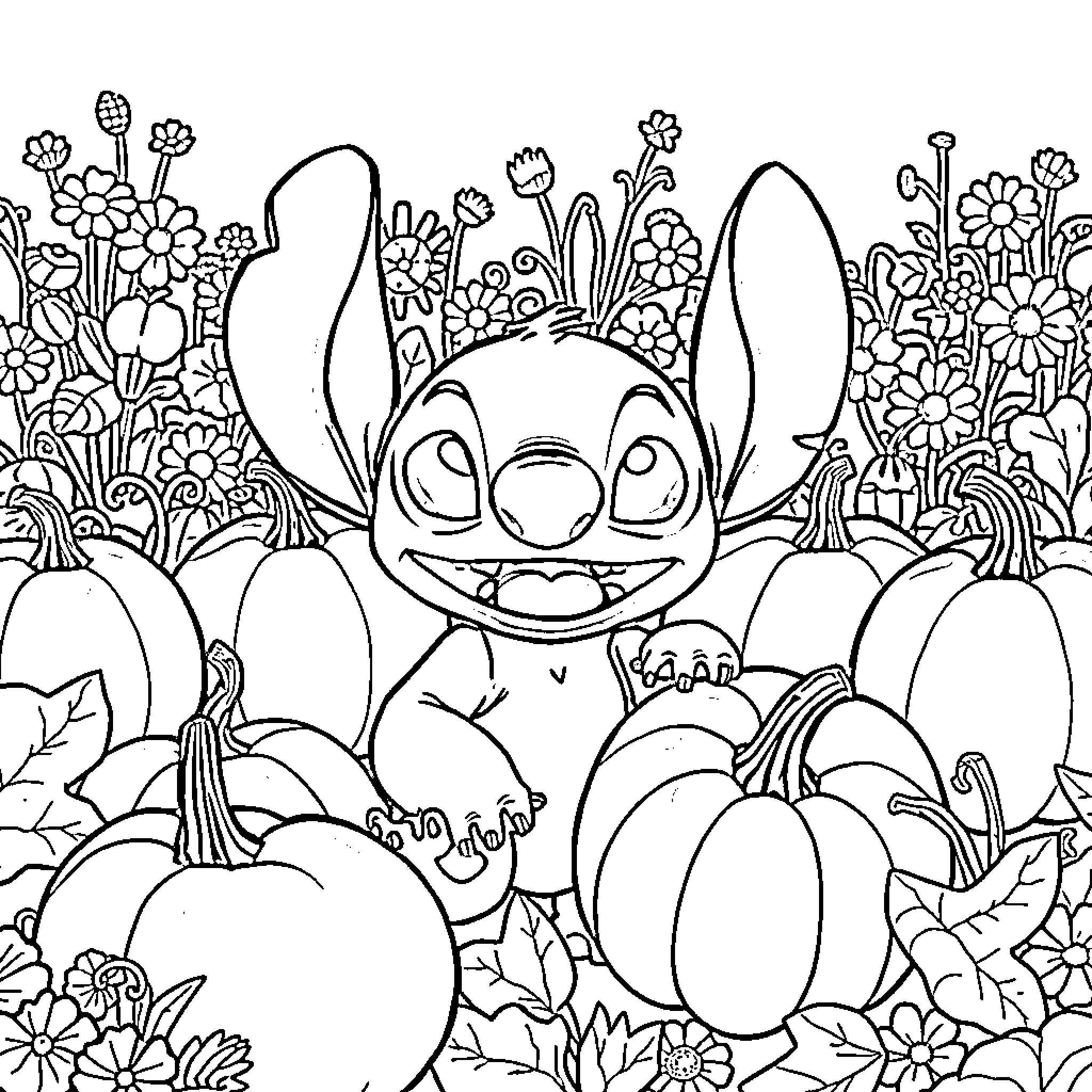 Stitch surrounded by whimsical flowers and pumpkins Coloring Page (free black-and-white line drawing printable PDF for all, from beginners to advanced learners, including children, teens, adults, and seniors)