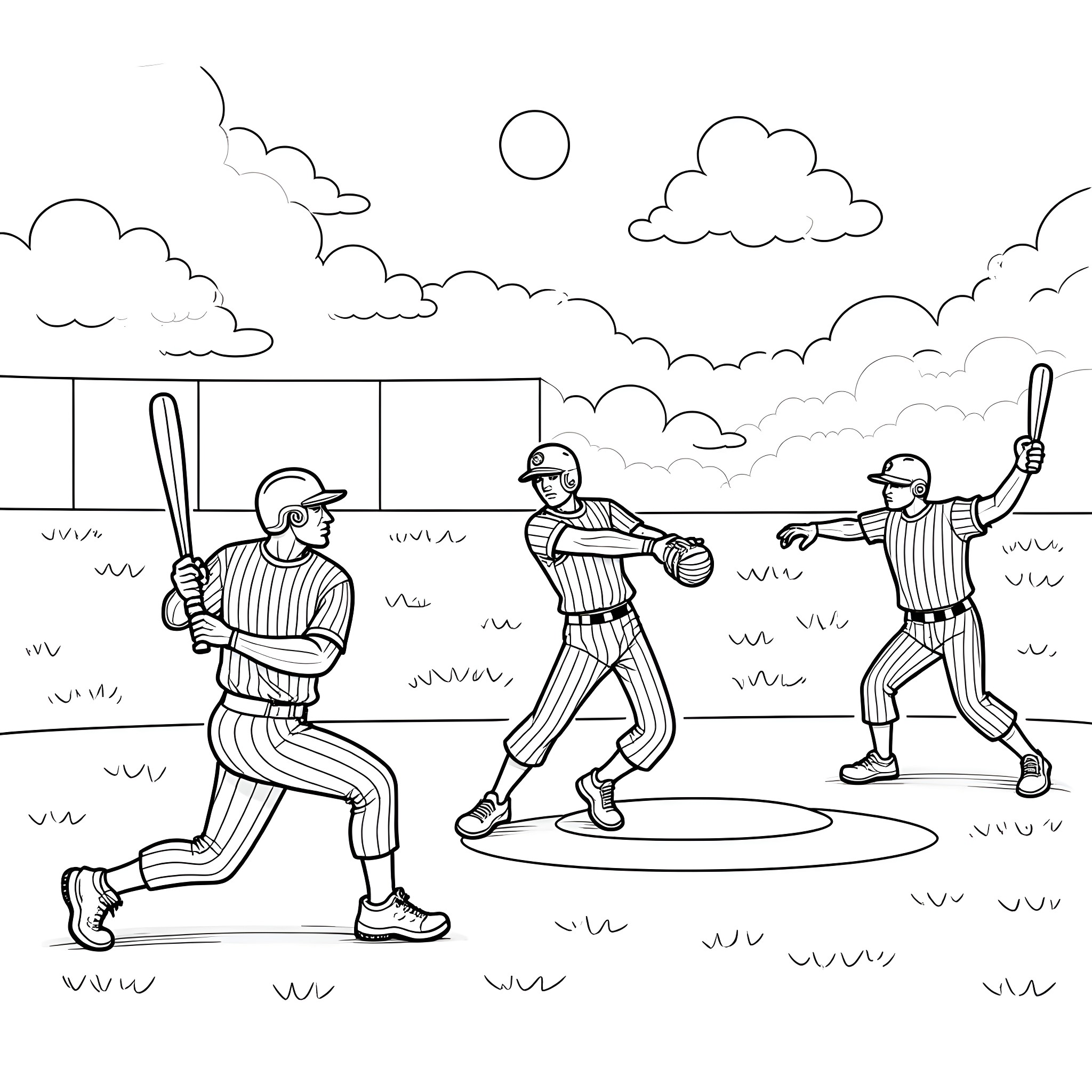 Avenger baseball players in action on the field Coloring Page (free black-and-white line drawing printable PDF for all, from beginners to advanced learners, including children, teens, adults, and seniors)