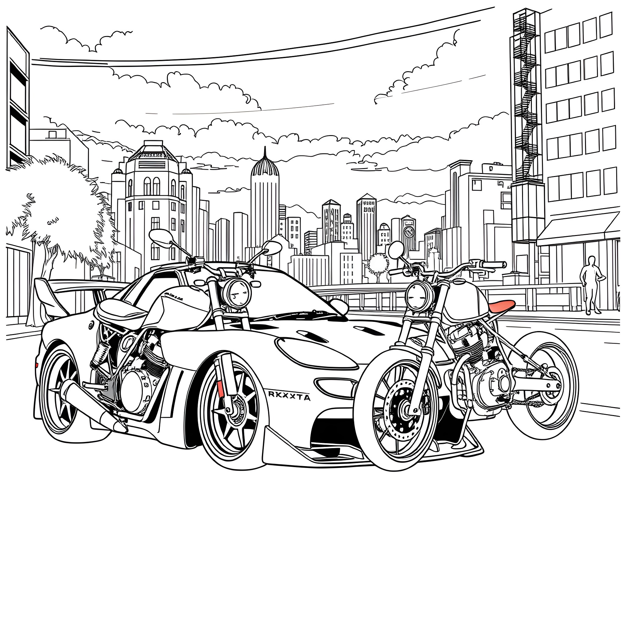 Rx7 racing against motorcycle in the city Coloring Page (free black-and-white line drawing printable PDF for all, from beginners to advanced learners, including children, teens, adults, and seniors)