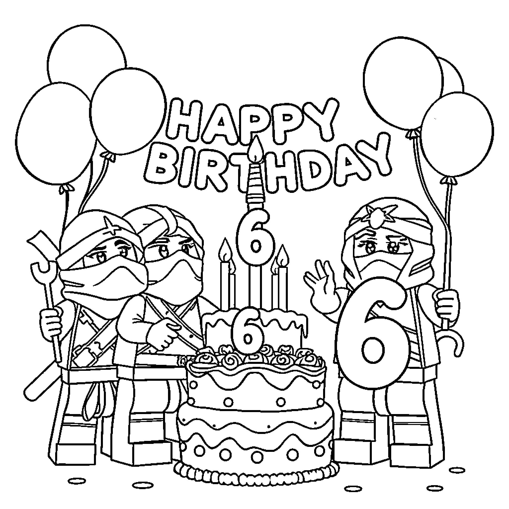 Ninjago Ninjas Celebrate 6th Birthday with Cake and Balloons Coloring Page (free black-and-white line drawing printable PDF for all, from beginners to advanced learners, including children, teens, adults, and seniors)