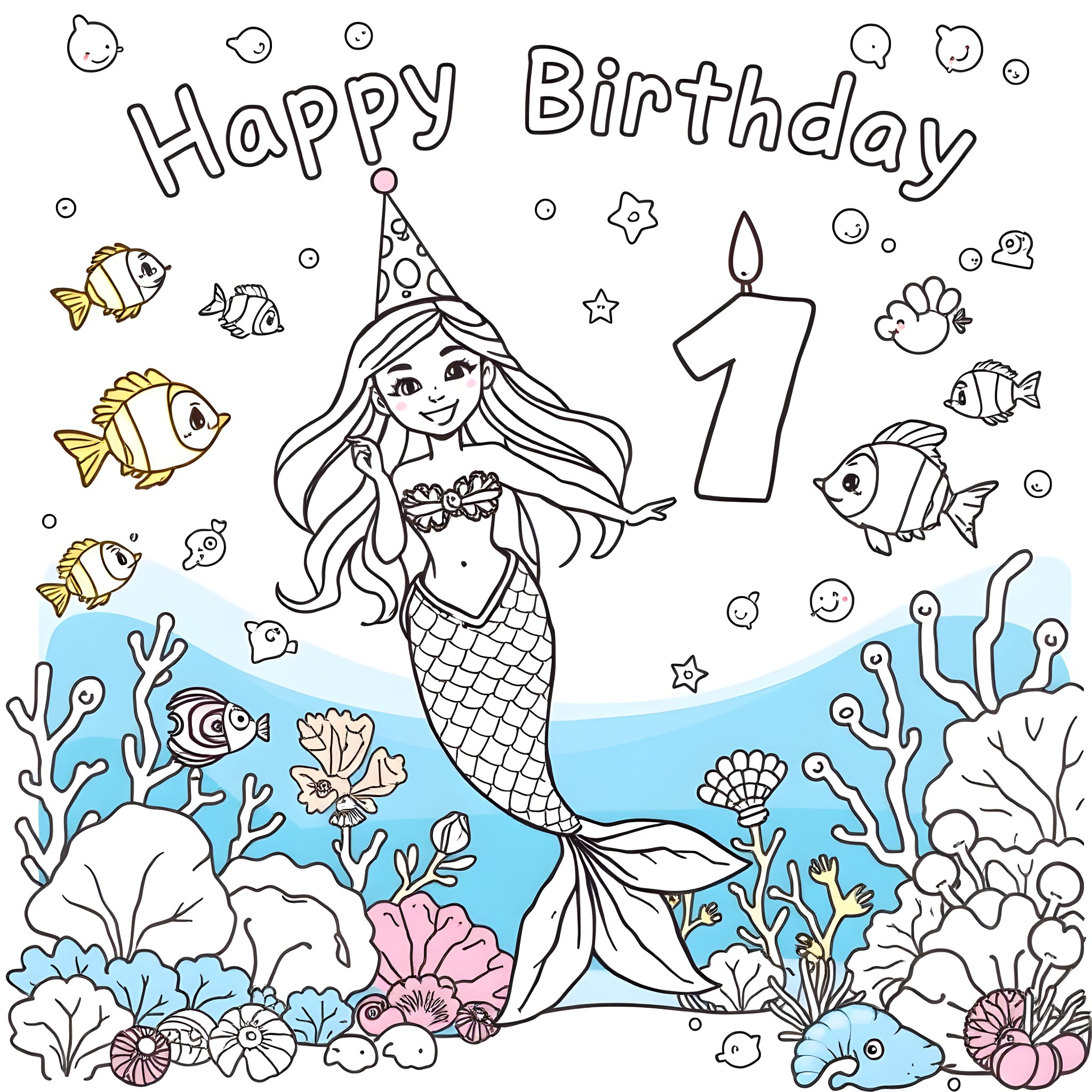 Mermaid celebrating her first birthday underwater Coloring Page (free black-and-white line drawing printable PDF for all, from beginners to advanced learners, including children, teens, adults, and seniors)