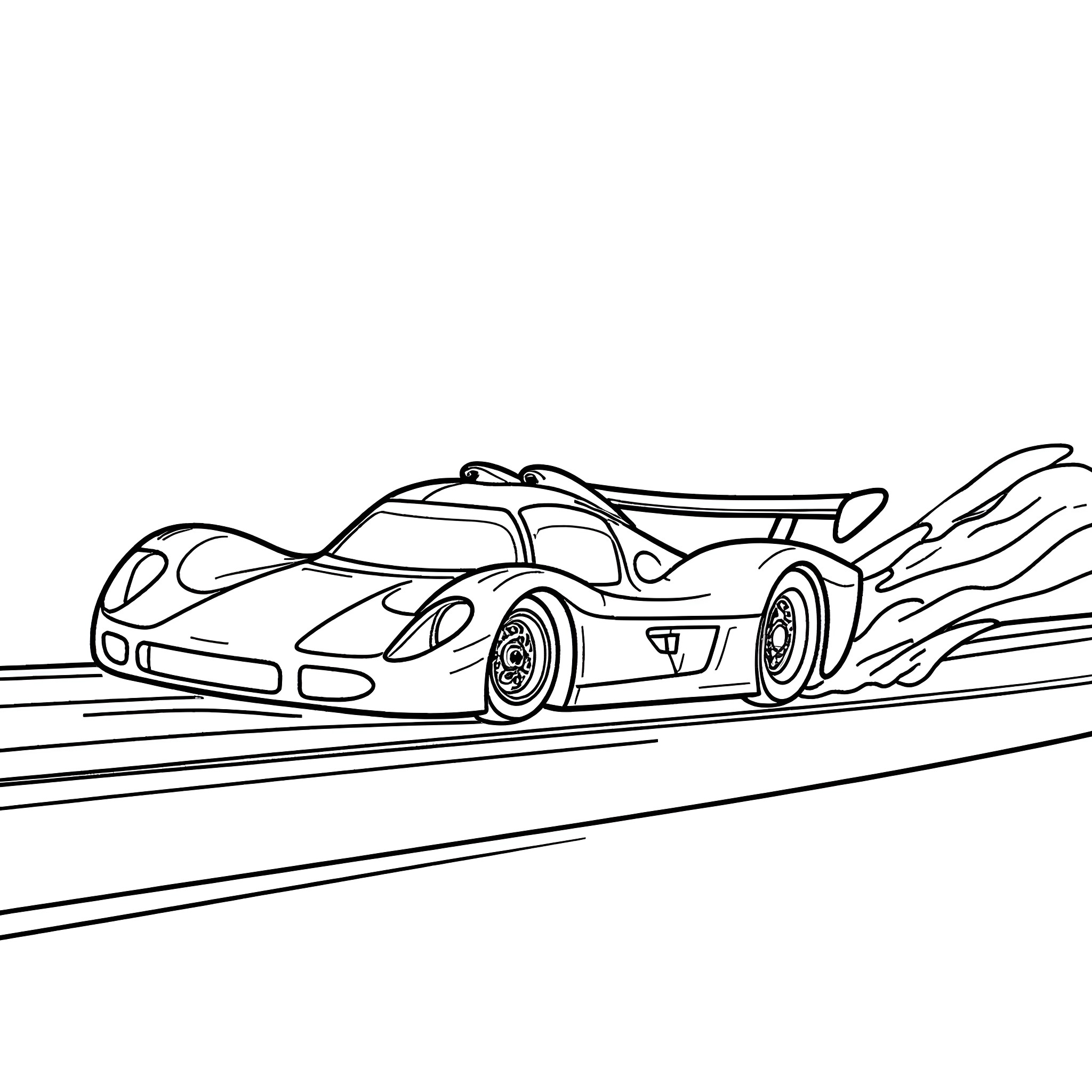 Race Car Speeding on Track Coloring Page (free black-and-white line drawing printable PDF for all, from beginners to advanced learners, including children, teens, adults, and seniors)