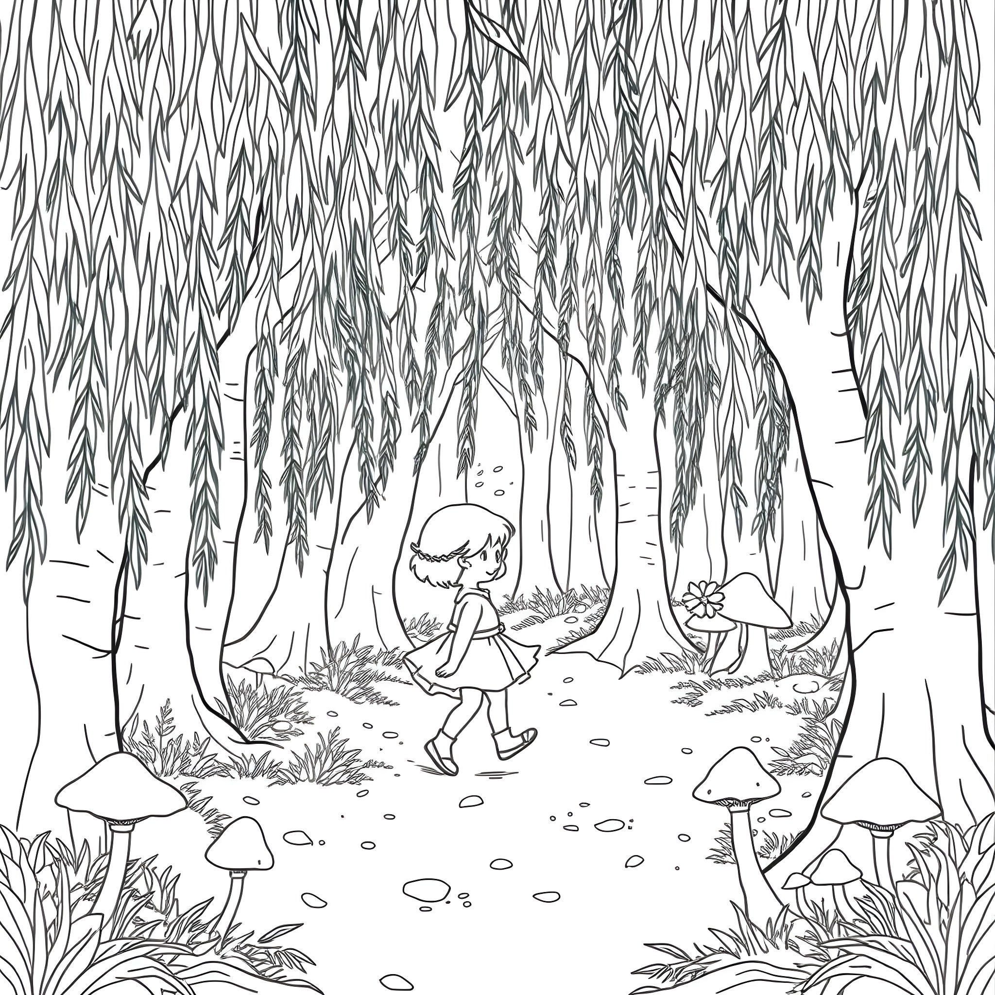 Girl wandering through a magical forest Coloring Page (free black-and-white line drawing printable PDF for all, from beginners to advanced learners, including children, teens, adults, and seniors)