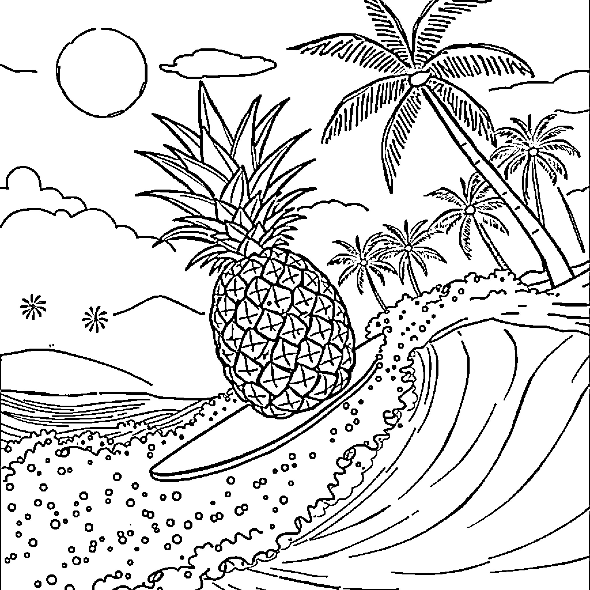 Pineapple paradise scenery with palm trees and waves Coloring Page (free black-and-white line drawing printable PDF for all, from beginners to advanced learners, including children, teens, adults, and seniors)