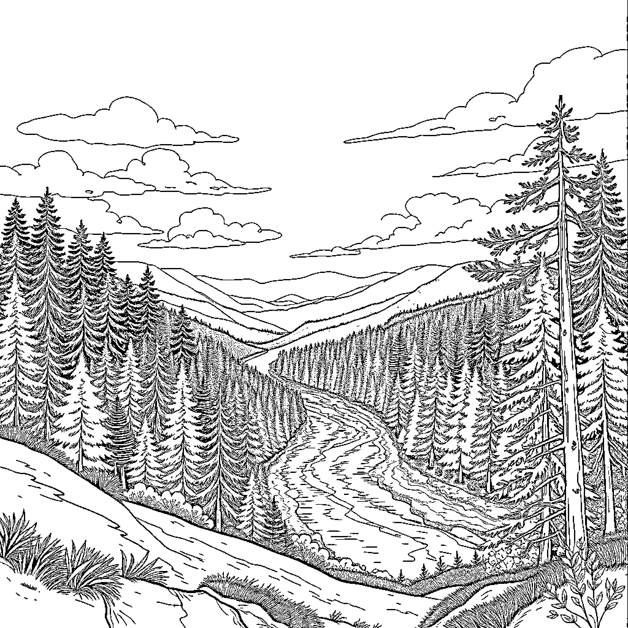 Nature's Tranquil Forest Landscape Coloring Page (free black-and-white line drawing printable PDF for all, from beginners to advanced learners, including children, teens, adults, and seniors)