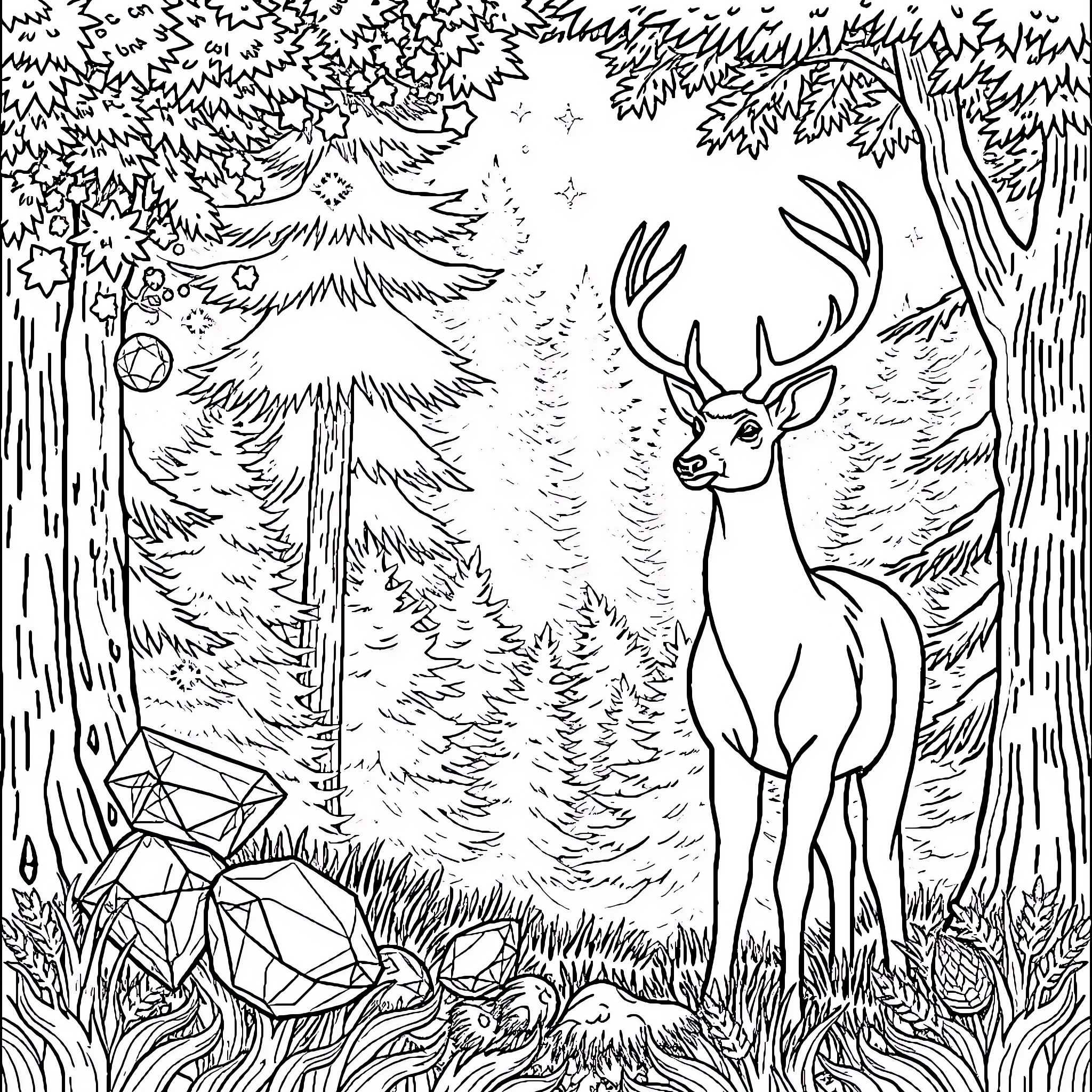 Diamond Deer Amid Enchanted Forest Coloring Page (free black-and-white line drawing printable PDF for all, from beginners to advanced learners, including children, teens, adults, and seniors)
