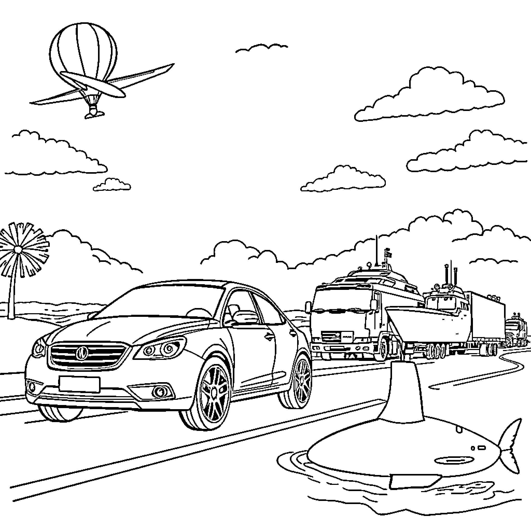 Vehicle journey through the scenic landscape Coloring Page (free black-and-white line drawing printable PDF for all, from beginners to advanced learners, including children, teens, adults, and seniors)