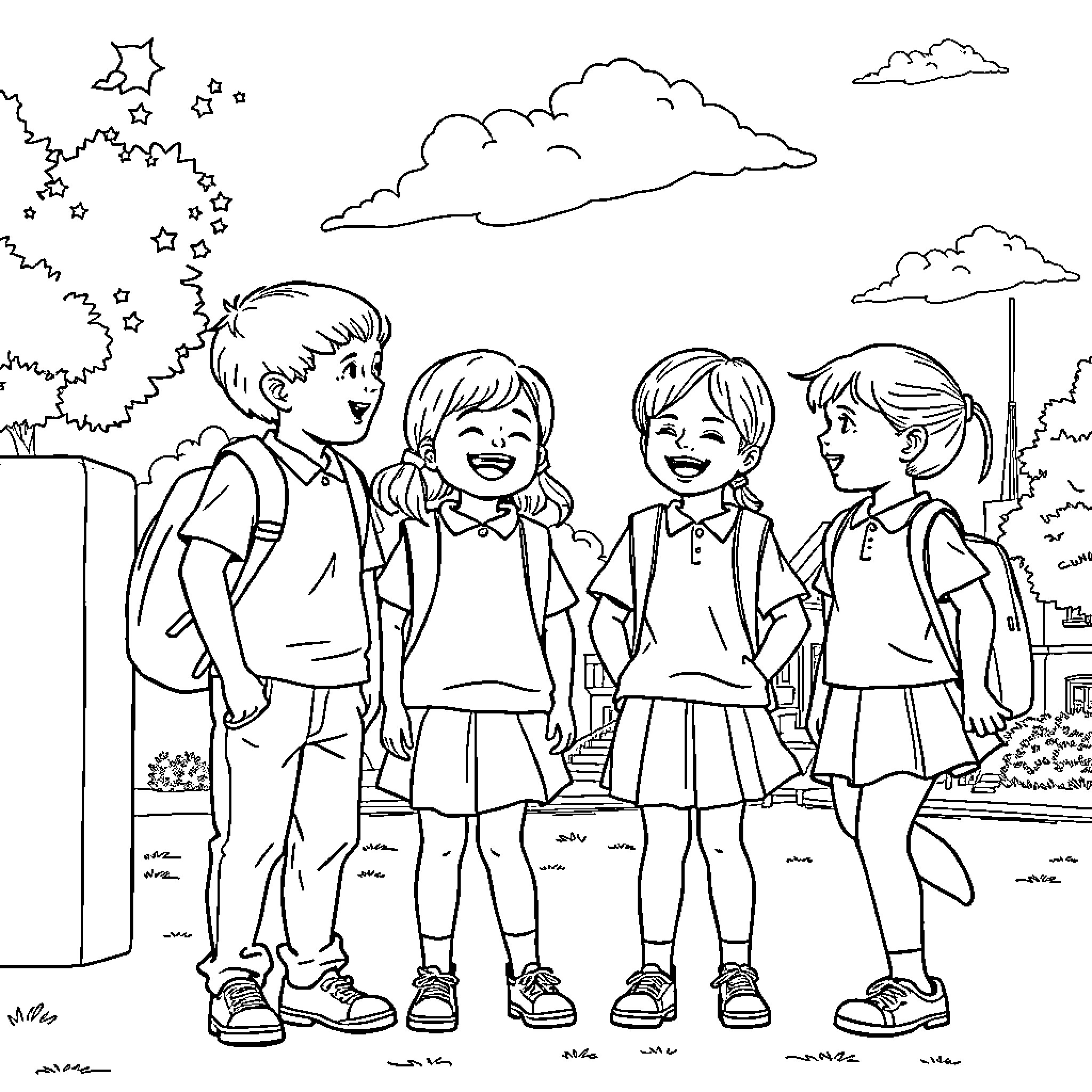 Kid Classmates enjoying Outdoor Playtime together Coloring Page (free black-and-white line drawing printable PDF for all, from beginners to advanced learners, including children, teens, adults, and seniors)