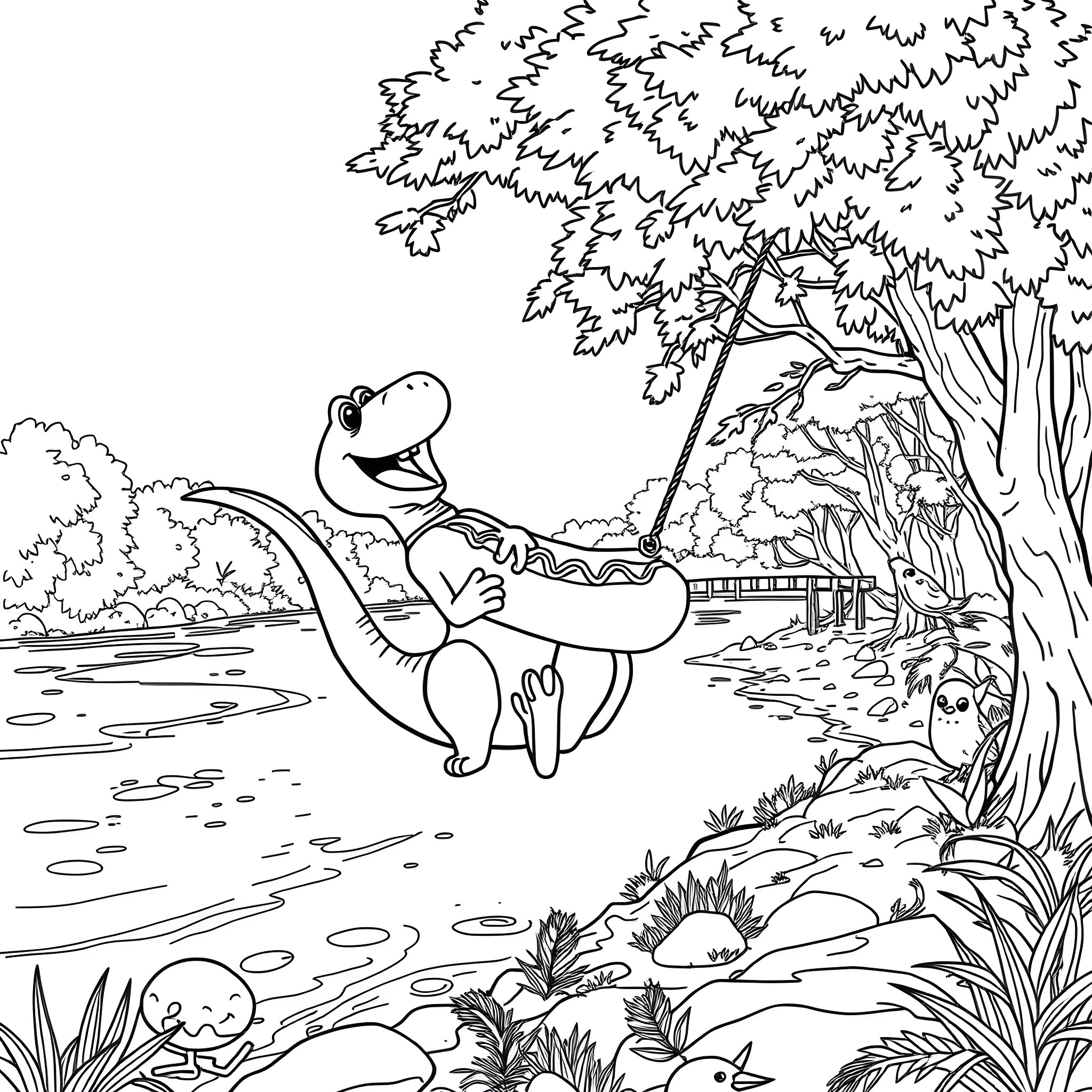 Dinosaur enjoying a peaceful day by the pond Coloring Page (free black-and-white line drawing printable PDF for all, from beginners to advanced learners, including children, teens, adults, and seniors)
