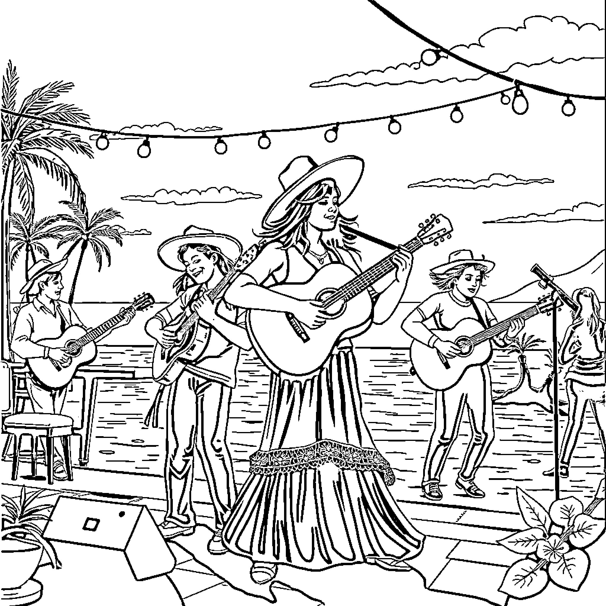 Gitanos performing music by the beach with palm trees Coloring Page (free black-and-white line drawing printable PDF for all, from beginners to advanced learners, including children, teens, adults, and seniors)