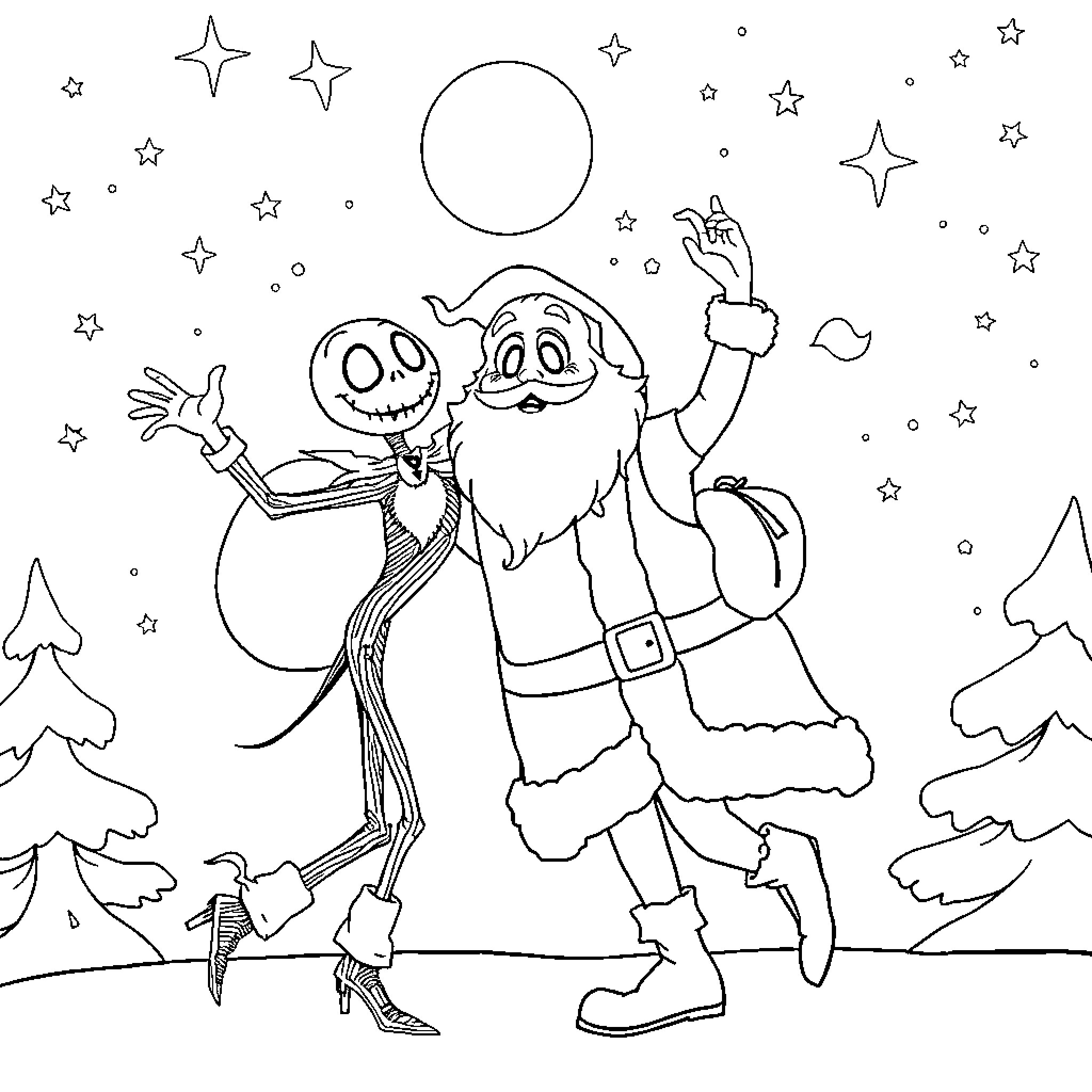 Jack Skellington and Santa Claus in Winter Wonderland Coloring Page (free black-and-white line drawing printable PDF for all, from beginners to advanced learners, including children, teens, adults, and seniors)