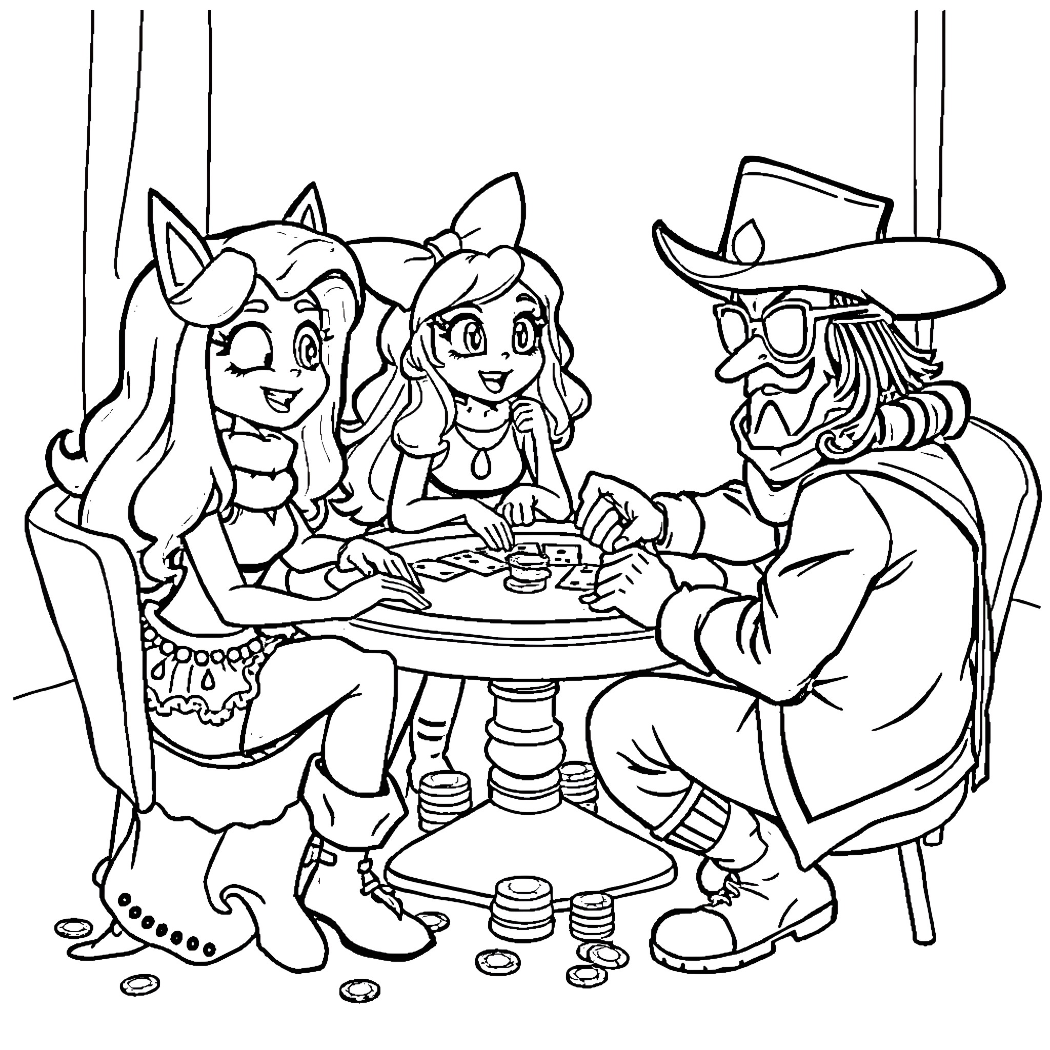 Bluey and friends enjoying a meal together Coloring Page (free black-and-white line drawing printable PDF for all, from beginners to advanced learners, including children, teens, adults, and seniors)