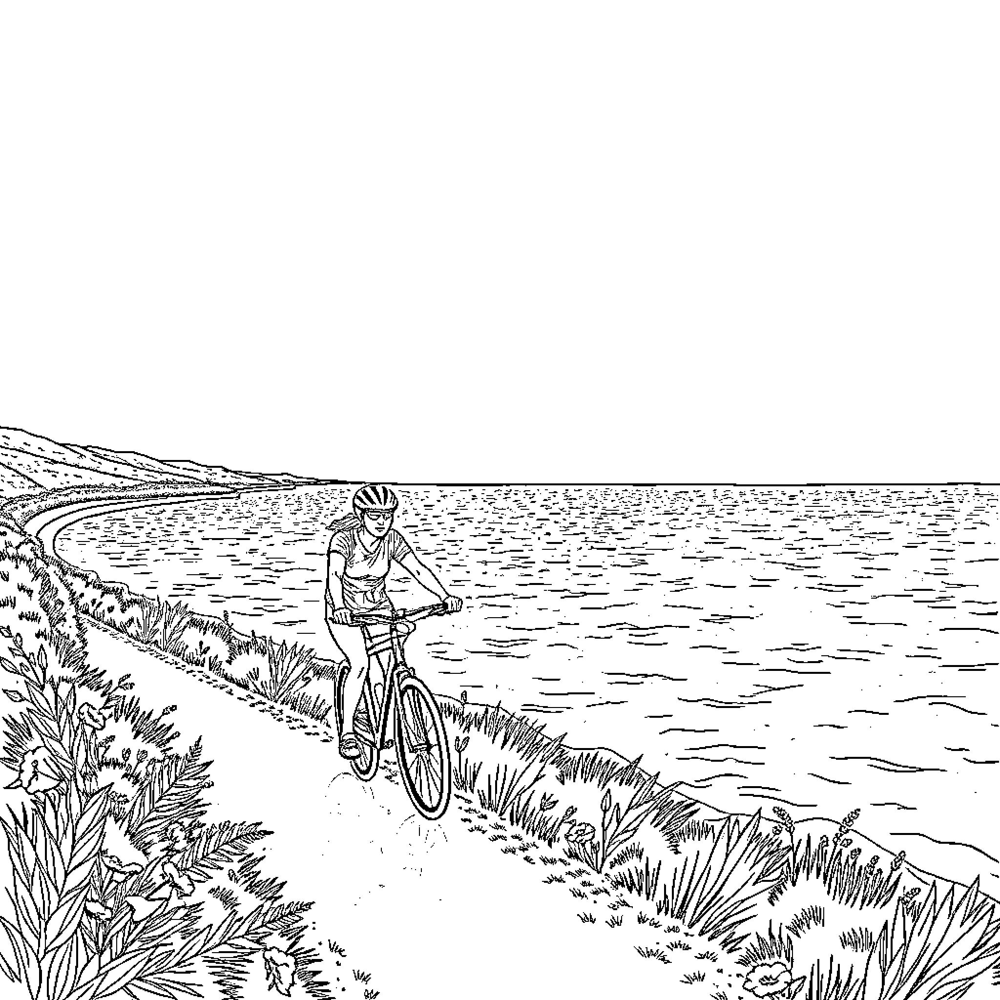 Bicycle rider enjoying scenic coastal path Coloring Page (free black-and-white line drawing printable PDF for all, from beginners to advanced learners, including children, teens, adults, and seniors)