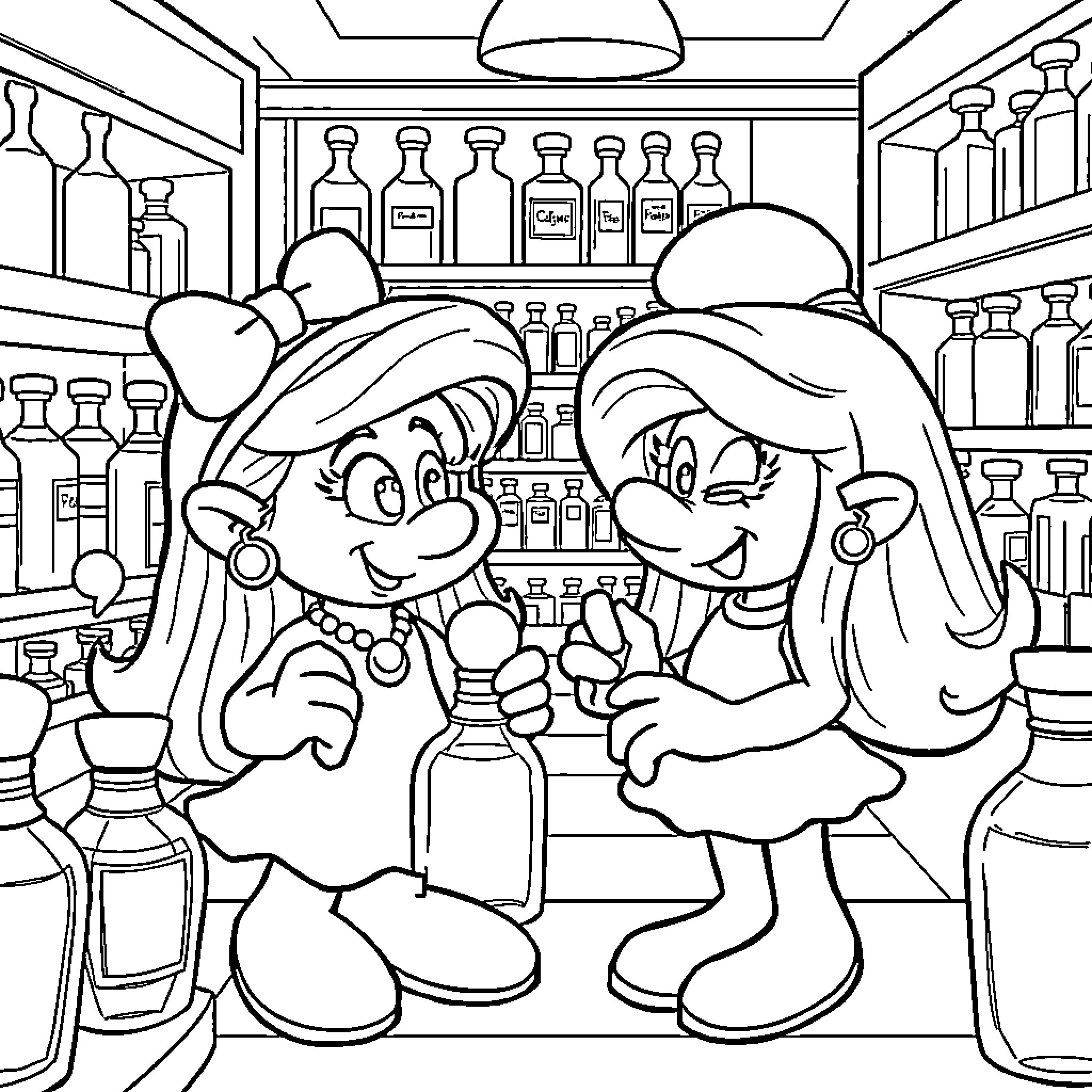Pig friends enjoying drinks at the bar Coloring Page (free black-and-white line drawing printable PDF for all, from beginners to advanced learners, including children, teens, adults, and seniors)