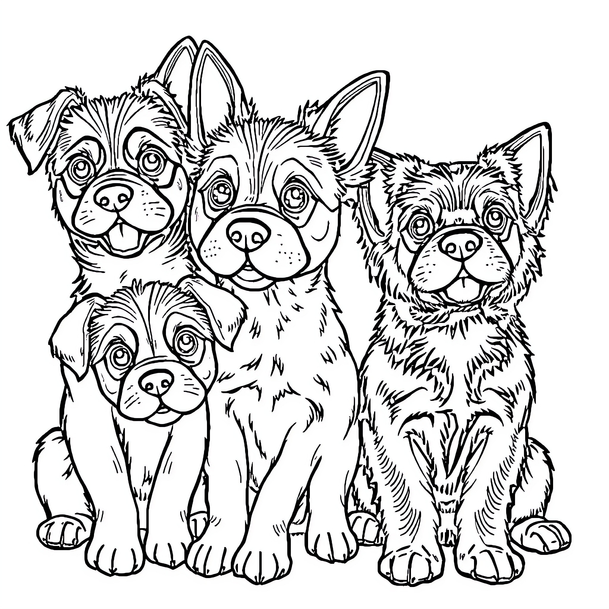 Puppy friends enjoying each other's company Coloring Page (free black-and-white line drawing printable PDF for all, from beginners to advanced learners, including children, teens, adults, and seniors)