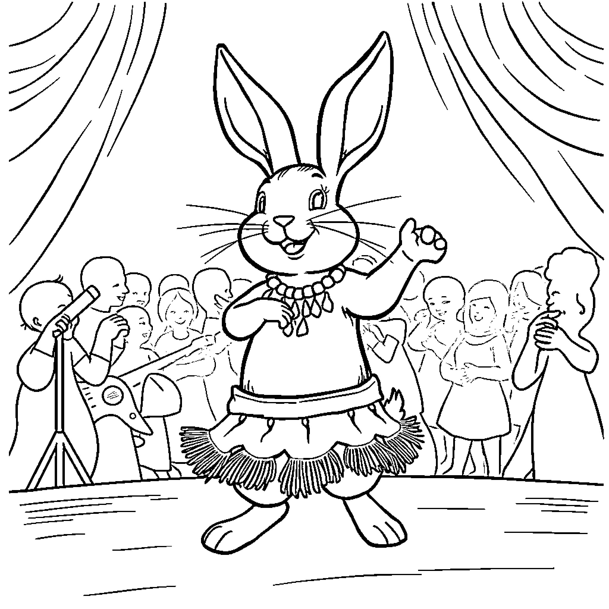 Rabbit performer entertaining audience on stage Coloring Page (free black-and-white line drawing printable PDF for all, from beginners to advanced learners, including children, teens, adults, and seniors)