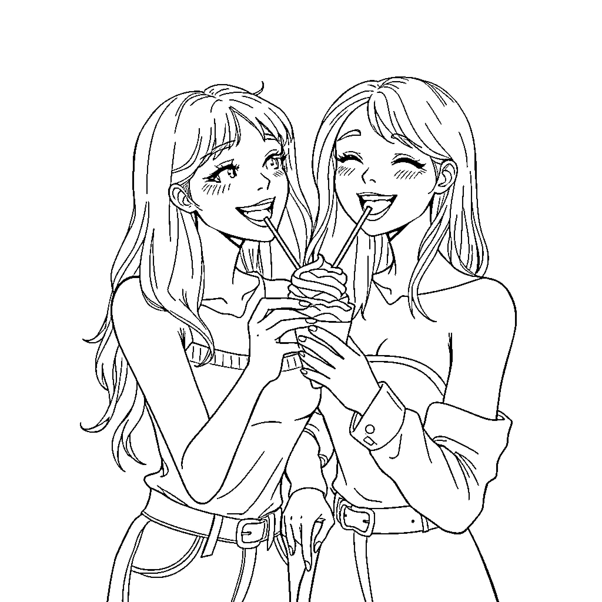 Girl friends happily sharing a moment Coloring Page (free black-and-white line drawing printable PDF for all, from beginners to advanced learners, including children, teens, adults, and seniors)