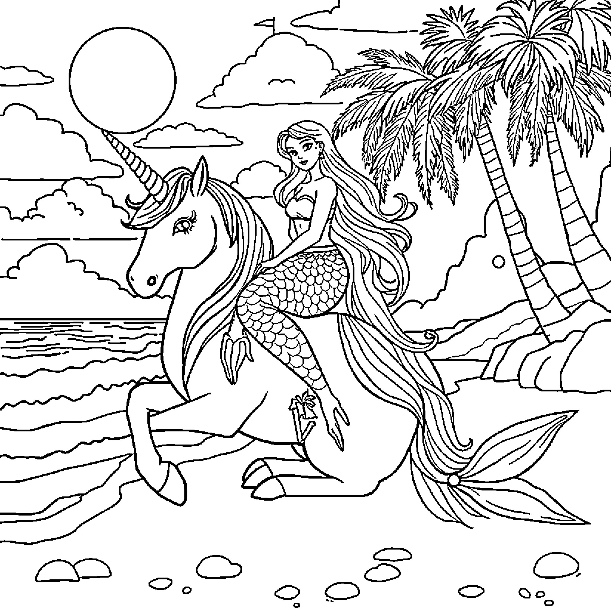Mermaid riding a unicorn on a tropical beach Coloring Page (free black-and-white line drawing printable PDF for all, from beginners to advanced learners, including children, teens, adults, and seniors)