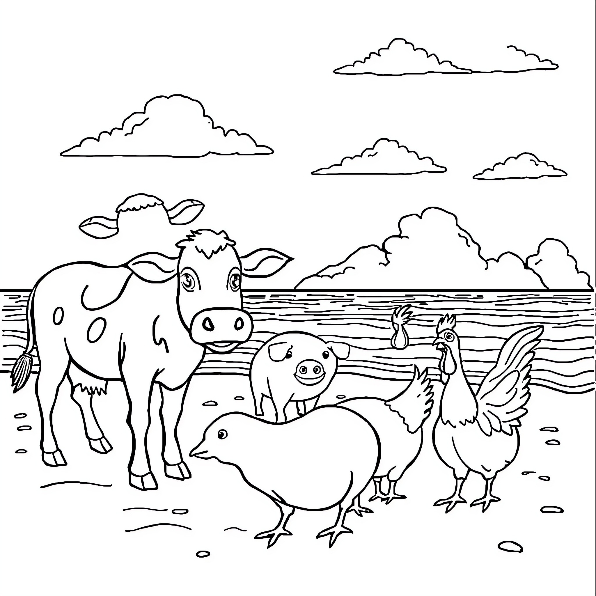 Farm Animals Enjoying the Countryside Coloring Page (free black-and-white line drawing printable PDF for all, from beginners to advanced learners, including children, teens, adults, and seniors)