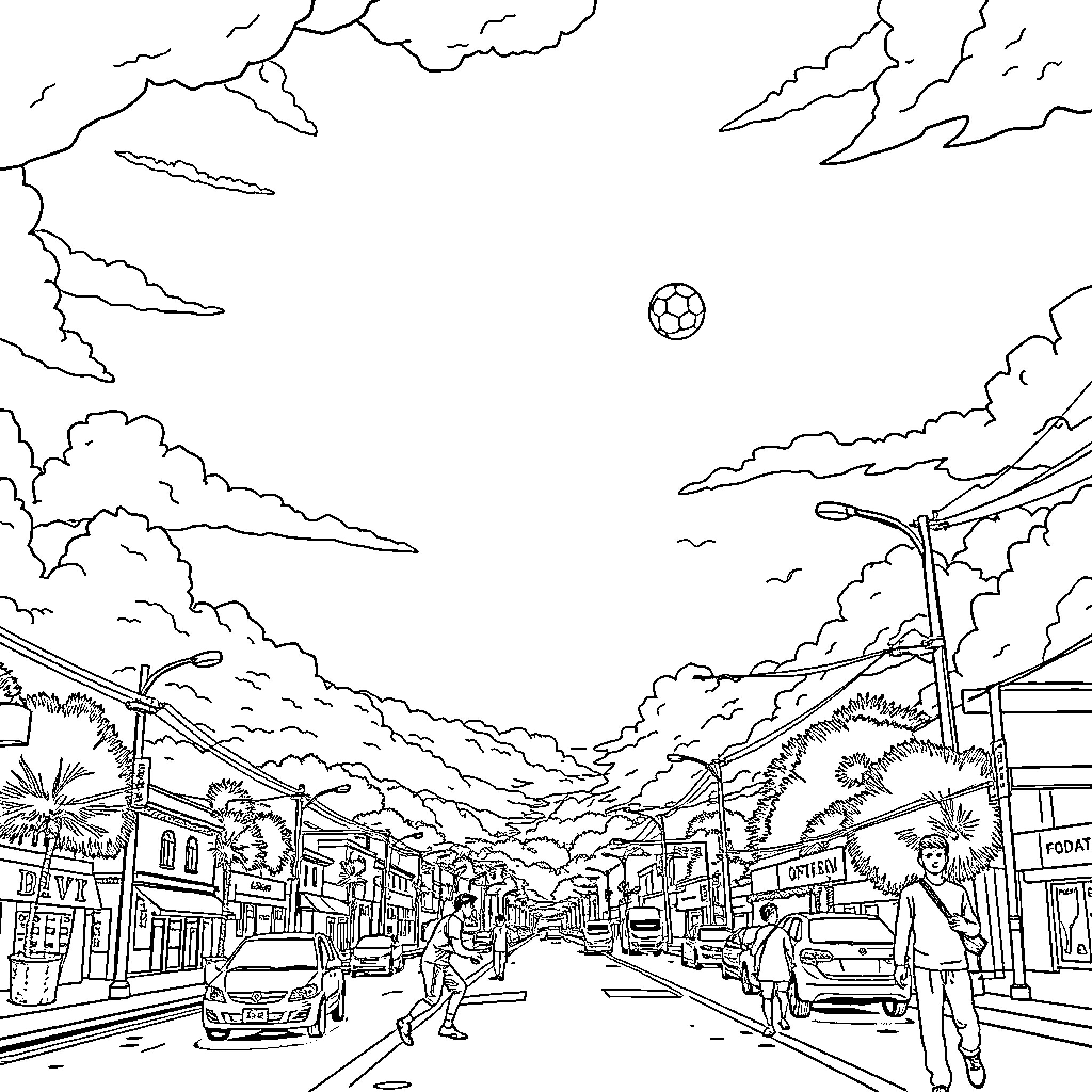 Person walking down a lively city street Coloring Page (free black-and-white line drawing printable PDF for all, from beginners to advanced learners, including children, teens, adults, and seniors)