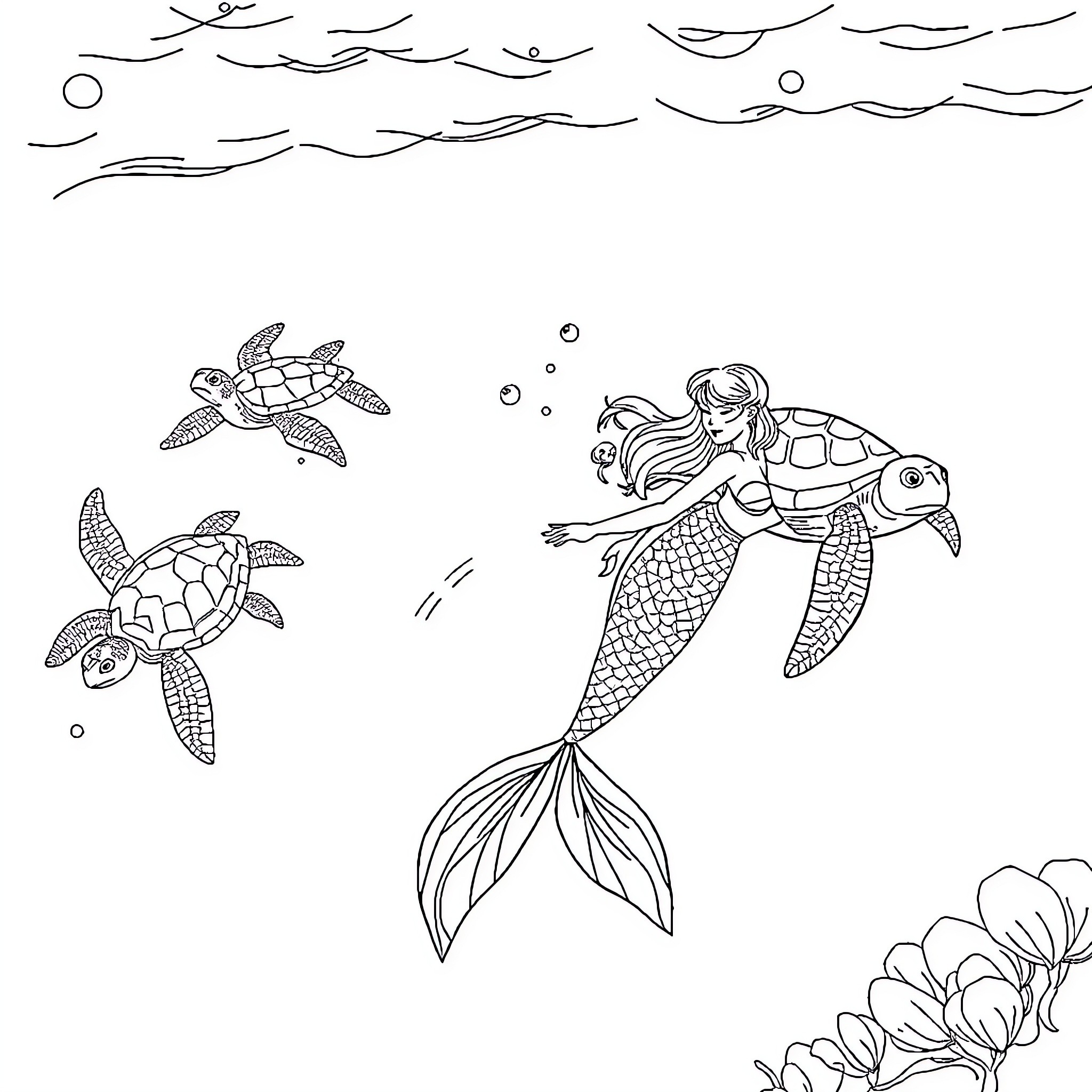 Mermaid swimming with sea turtles in the ocean Coloring Page (free black-and-white line drawing printable PDF for all, from beginners to advanced learners, including children, teens, adults, and seniors)
