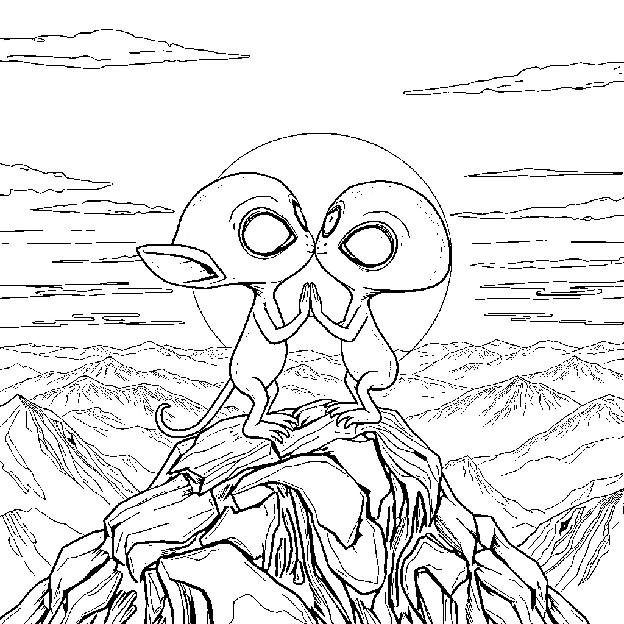Alien perched atop a rugged mountain landscape Coloring Page (free black-and-white line drawing printable PDF for all, from beginners to advanced learners, including children, teens, adults, and seniors)