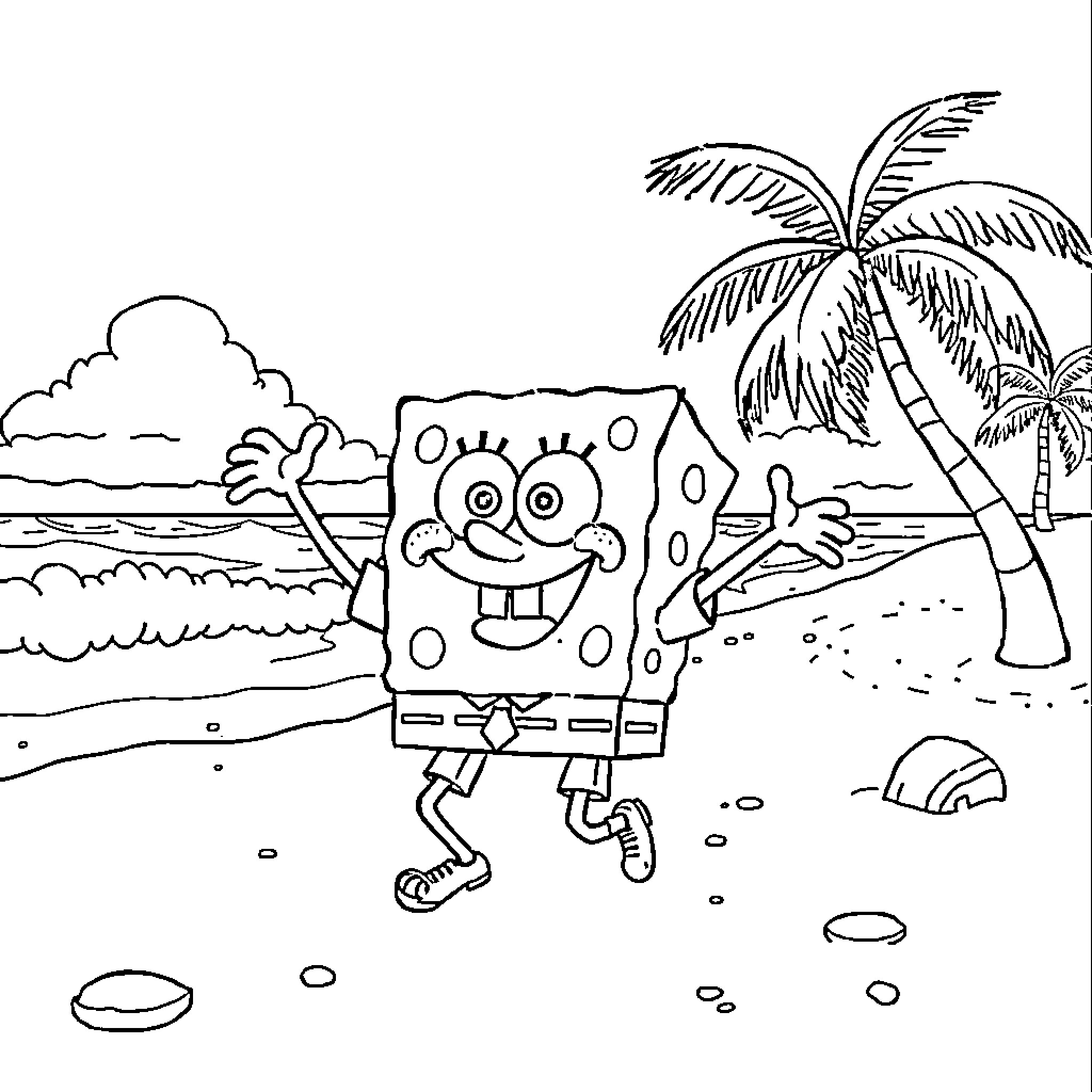 Spongebob enjoying a tropical beach adventure Coloring Page (free black-and-white line drawing printable PDF for all, from beginners to advanced learners, including children, teens, adults, and seniors)