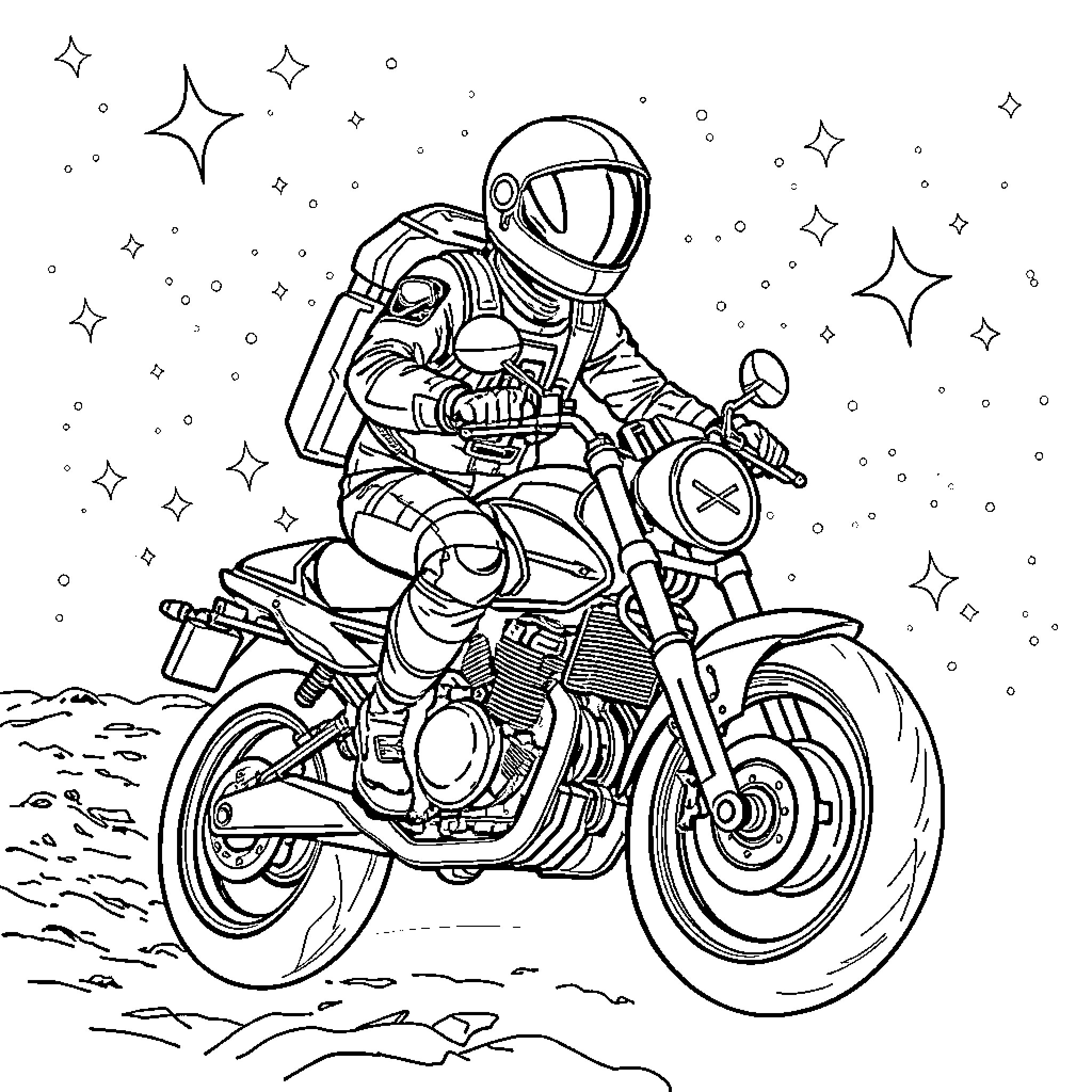 Astronaut riding a motorcycle in space Coloring Page (free black-and-white line drawing printable PDF for all, from beginners to advanced learners, including children, teens, adults, and seniors)