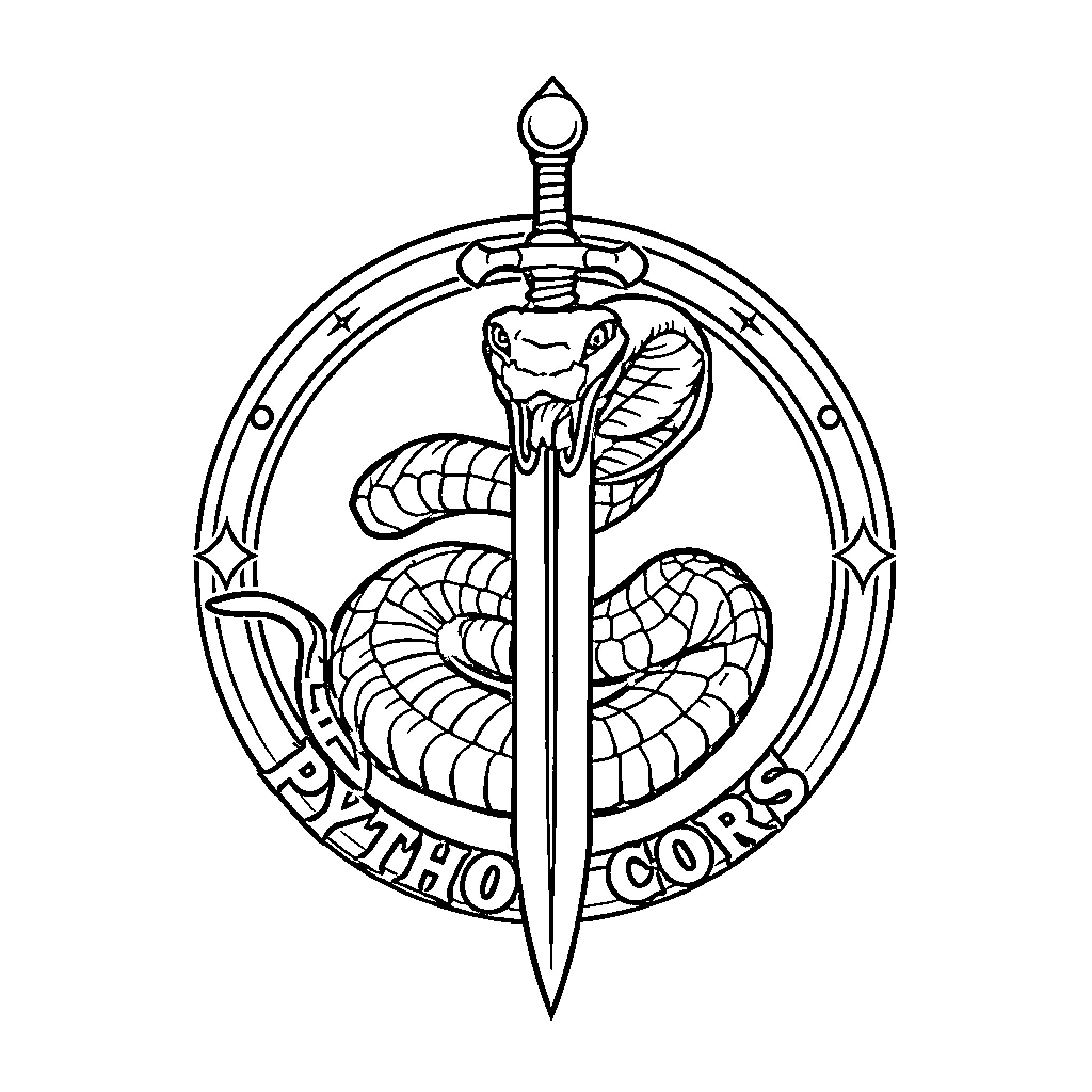 Emblem of a sword piercing a coiled snake Coloring Page (free black-and-white line drawing printable PDF for all, from beginners to advanced learners, including children, teens, adults, and seniors)