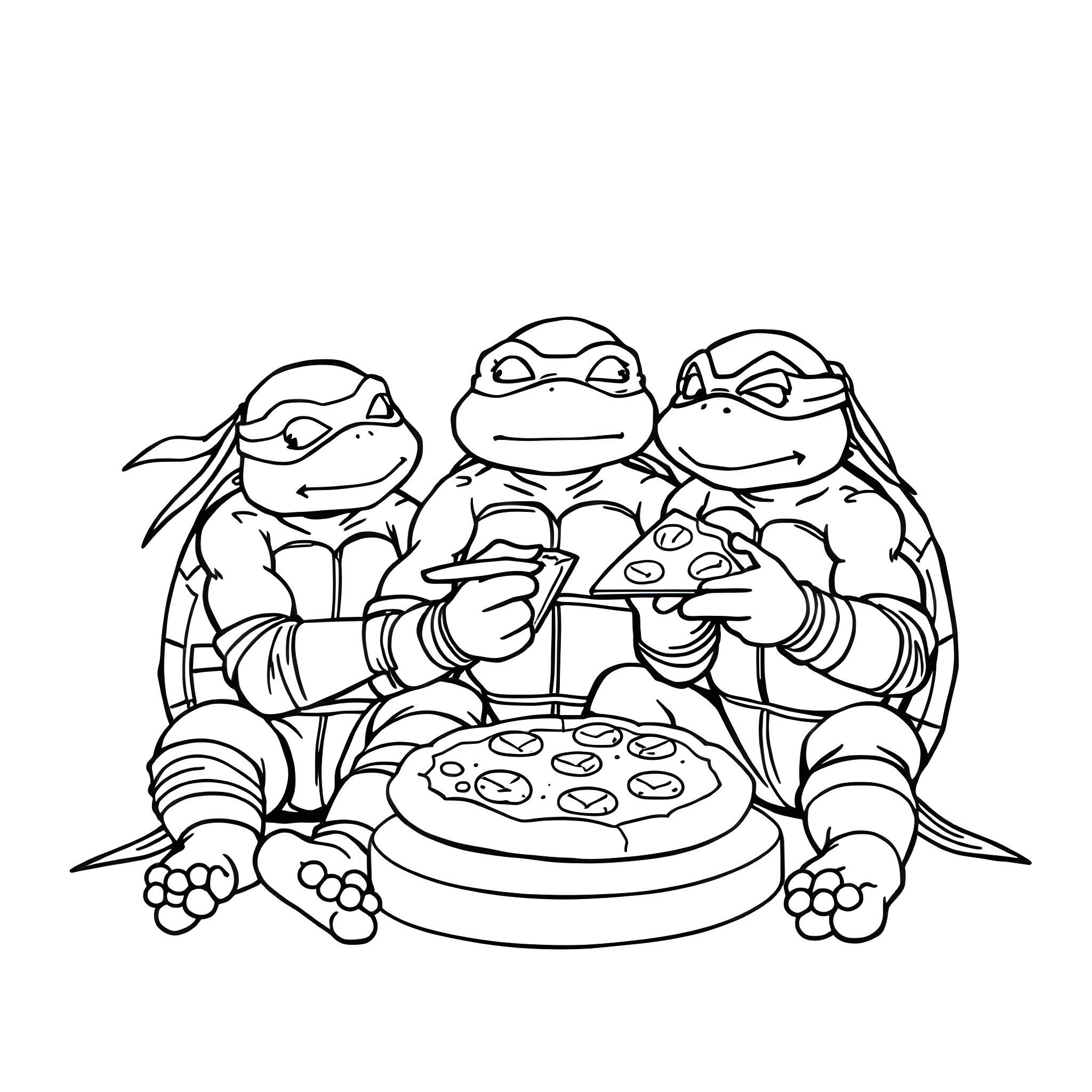 Teenage Mutant Ninja Turtles Enjoying Pizza Coloring Page (free black-and-white line drawing printable PDF for all, from beginners to advanced learners, including children, teens, adults, and seniors)