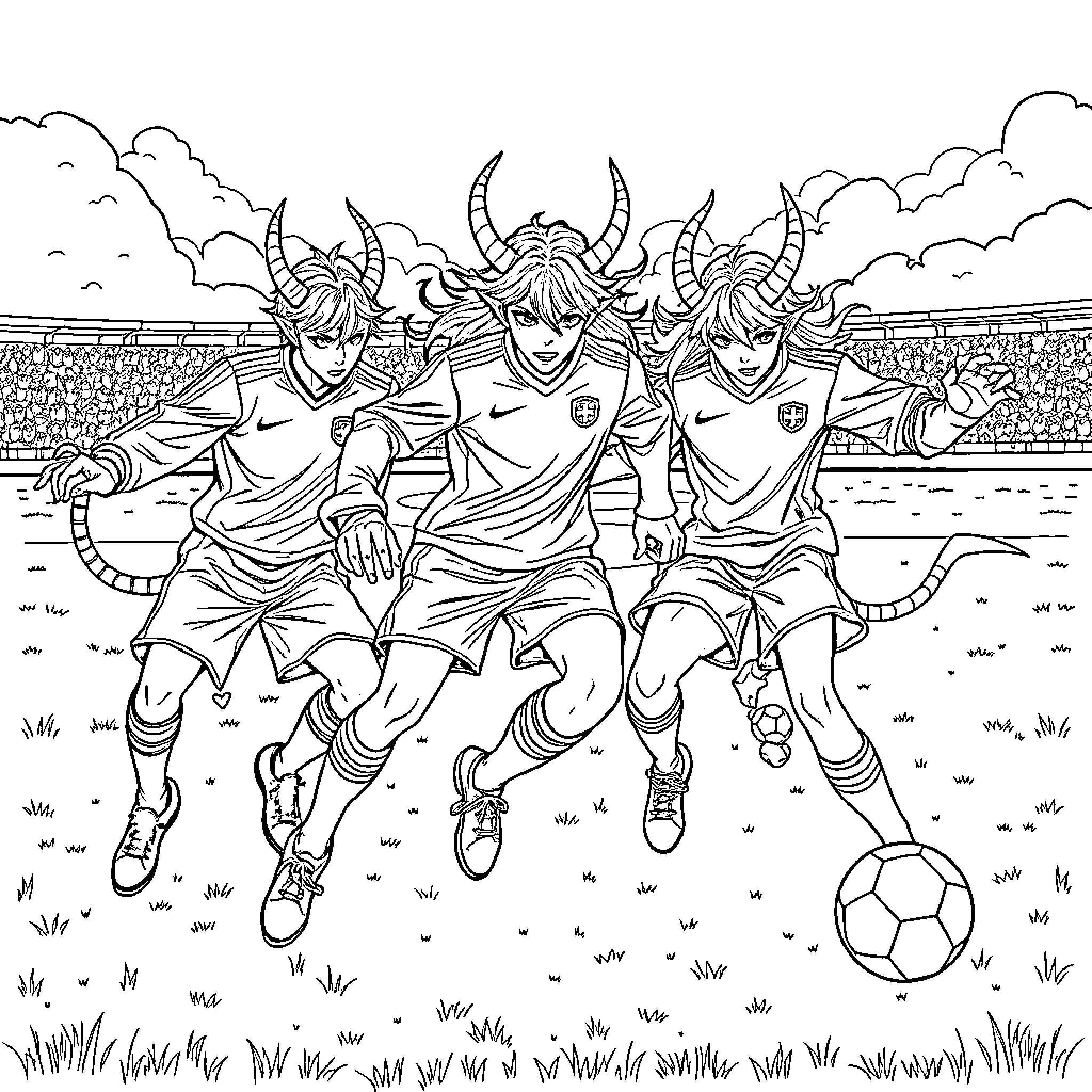 Demon Hunter Soccer Players in Action Coloring Page (free black-and-white line drawing printable PDF for all, from beginners to advanced learners, including children, teens, adults, and seniors)