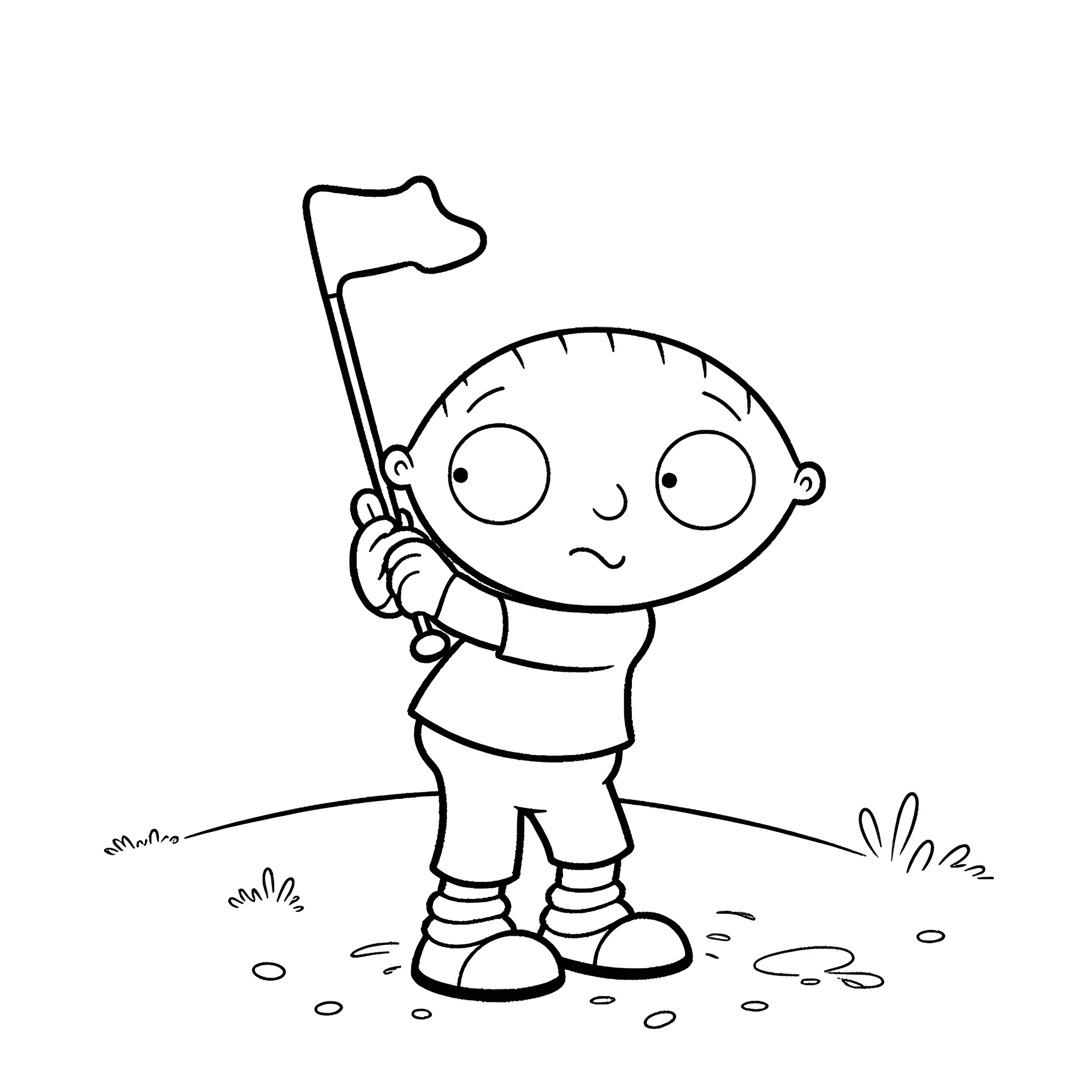 Stewie Griffin exploring the outdoors with flag Coloring Page (free black-and-white line drawing printable PDF for all, from beginners to advanced learners, including children, teens, adults, and seniors)