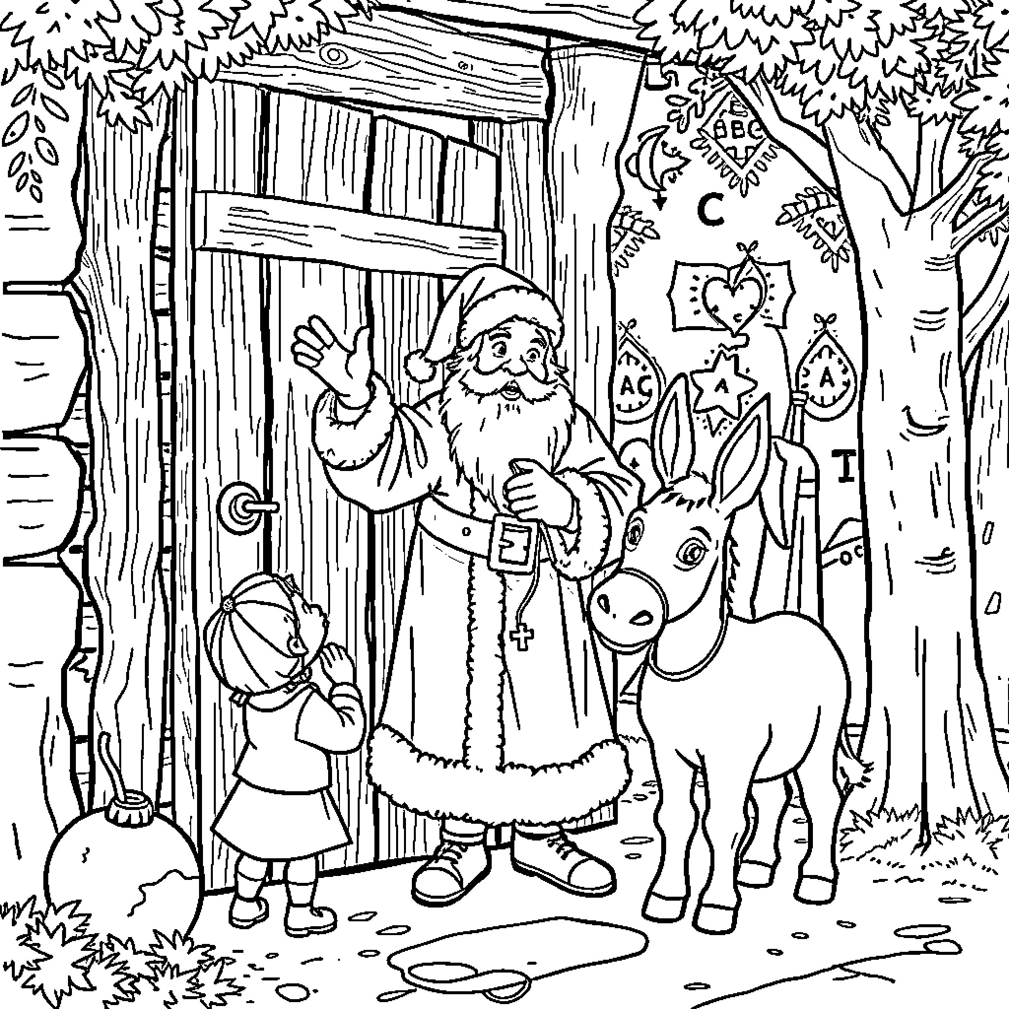 Saint Nicholas Greeting Children in a Snowy Forest Coloring Page (free black-and-white line drawing printable PDF for all, from beginners to advanced learners, including children, teens, adults, and seniors)