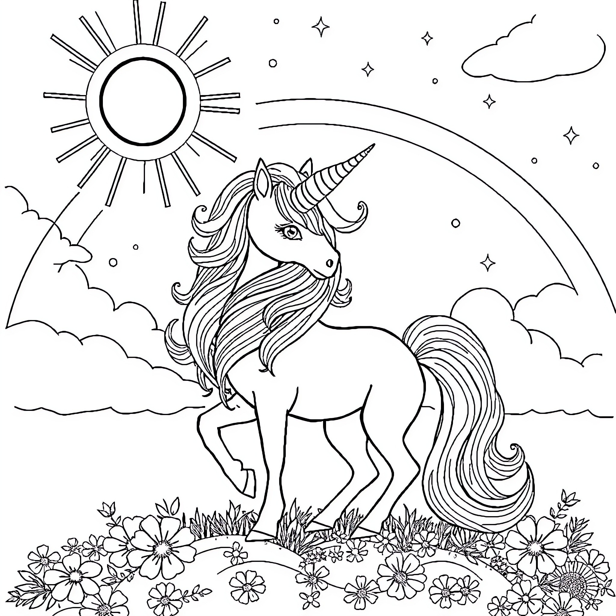 Unicorn standing proudly in a magical meadow Coloring Page (free black-and-white line drawing printable PDF for all, from beginners to advanced learners, including children, teens, adults, and seniors)