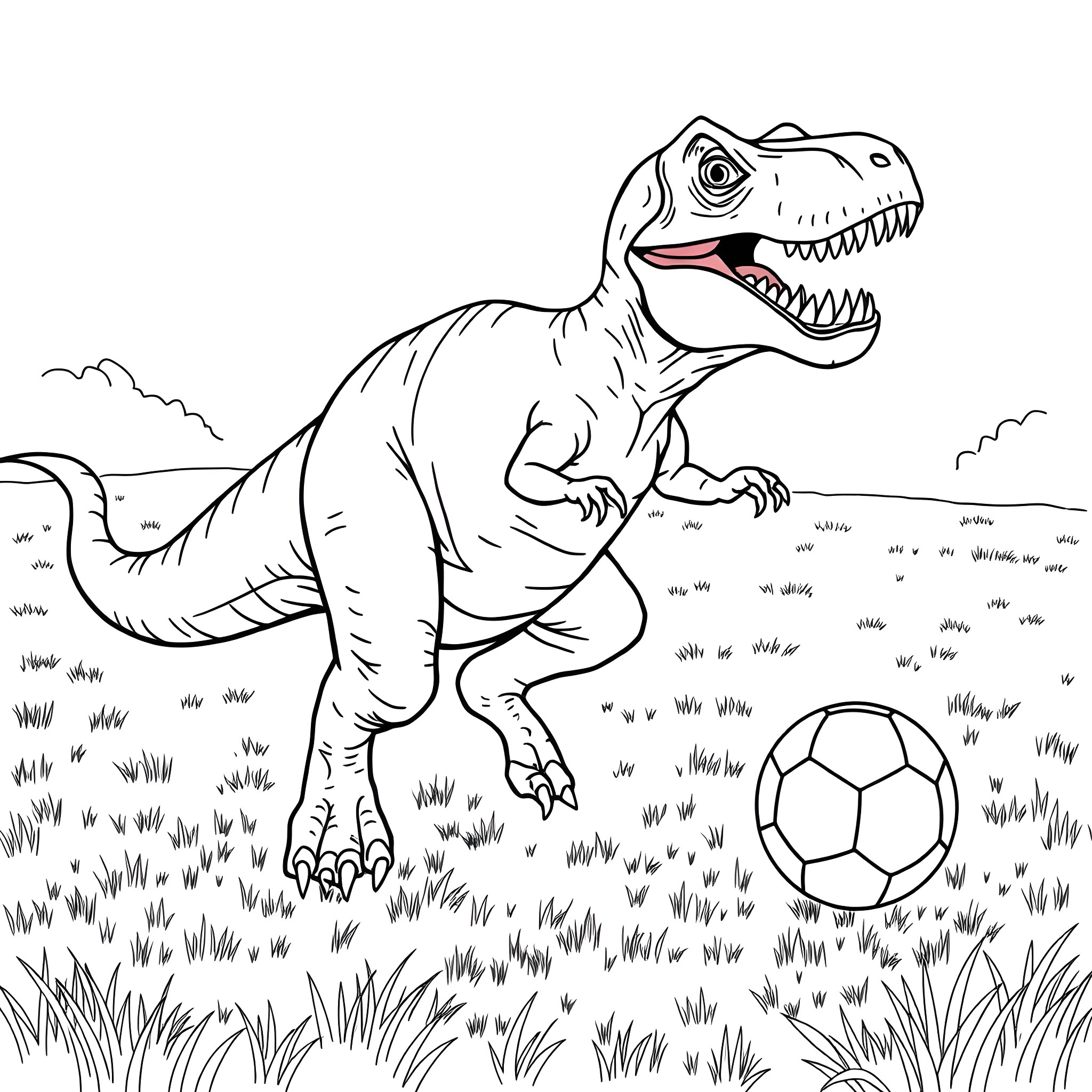 T-Rex playing with a soccer ball in the field Coloring Page (free black-and-white line drawing printable PDF for all, from beginners to advanced learners, including children, teens, adults, and seniors)