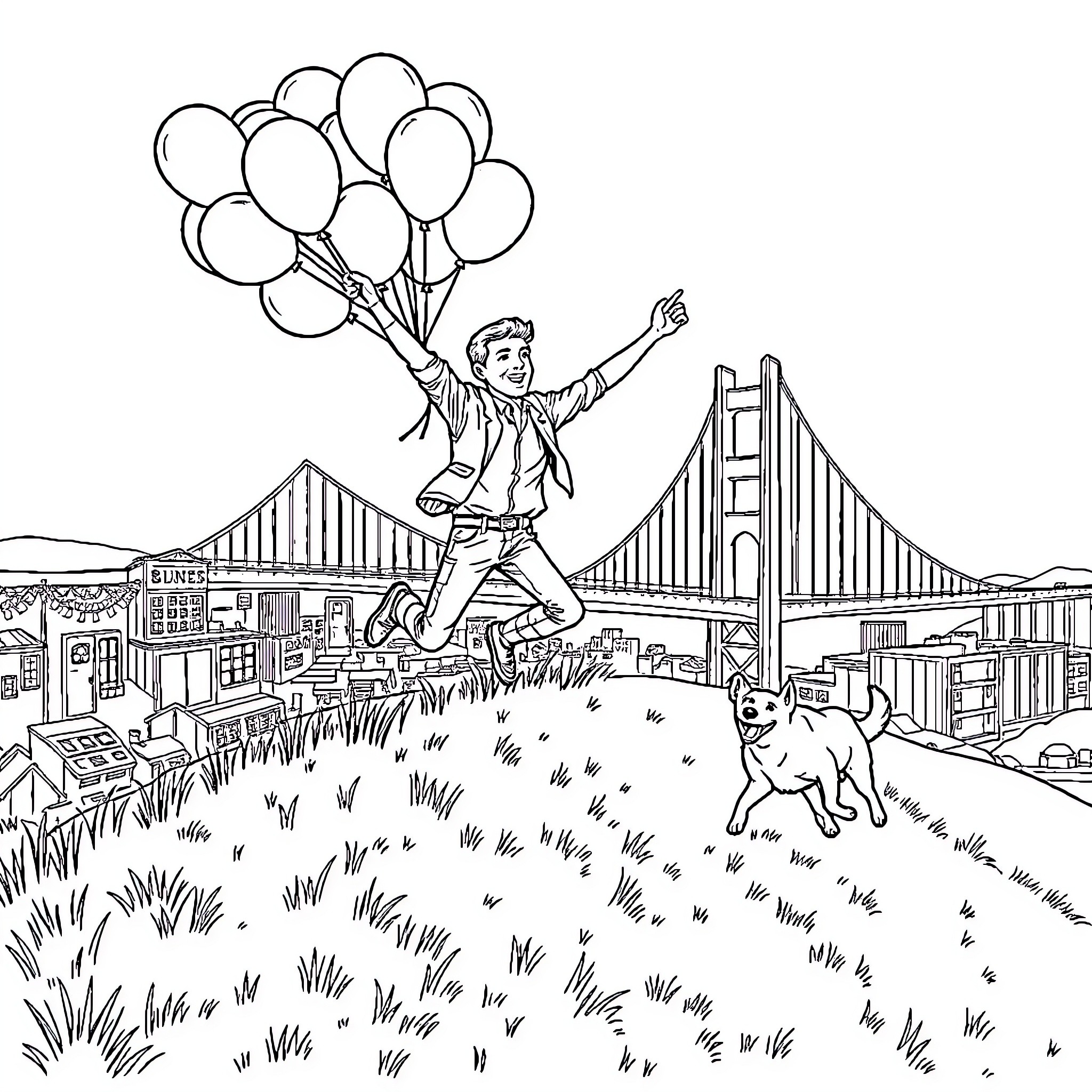 Man flying with balloons over the city landscape Coloring Page (free black-and-white line drawing printable PDF for all, from beginners to advanced learners, including children, teens, adults, and seniors)