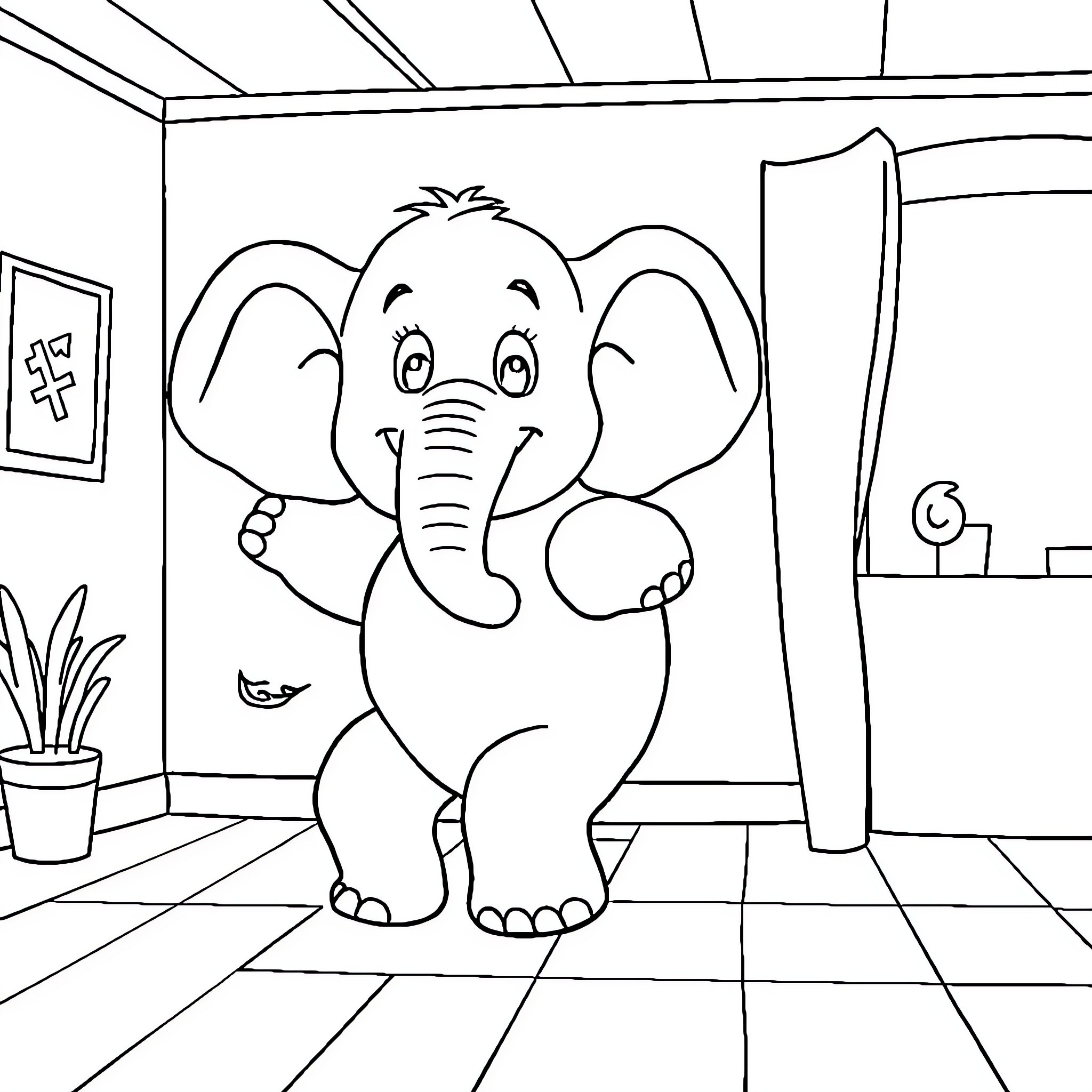 Numberblock elephant exploring a cozy room Coloring Page (free black-and-white line drawing printable PDF for all, from beginners to advanced learners, including children, teens, adults, and seniors)