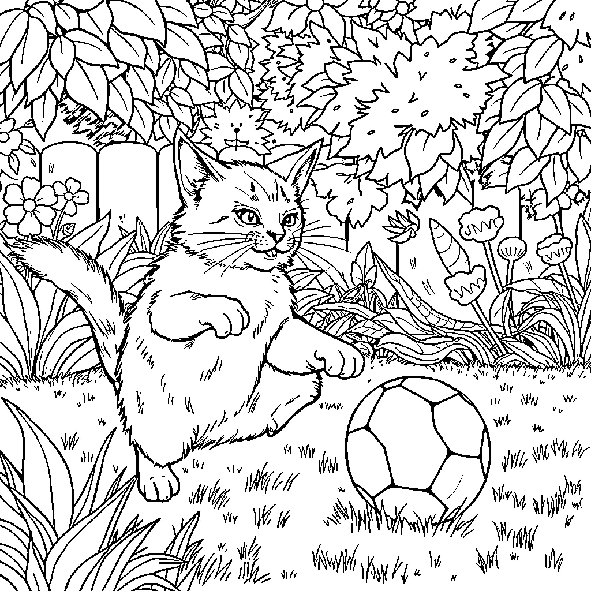 Cat playing with a ball in a lush garden Coloring Page (free black-and-white line drawing printable PDF for all, from beginners to advanced learners, including children, teens, adults, and seniors)