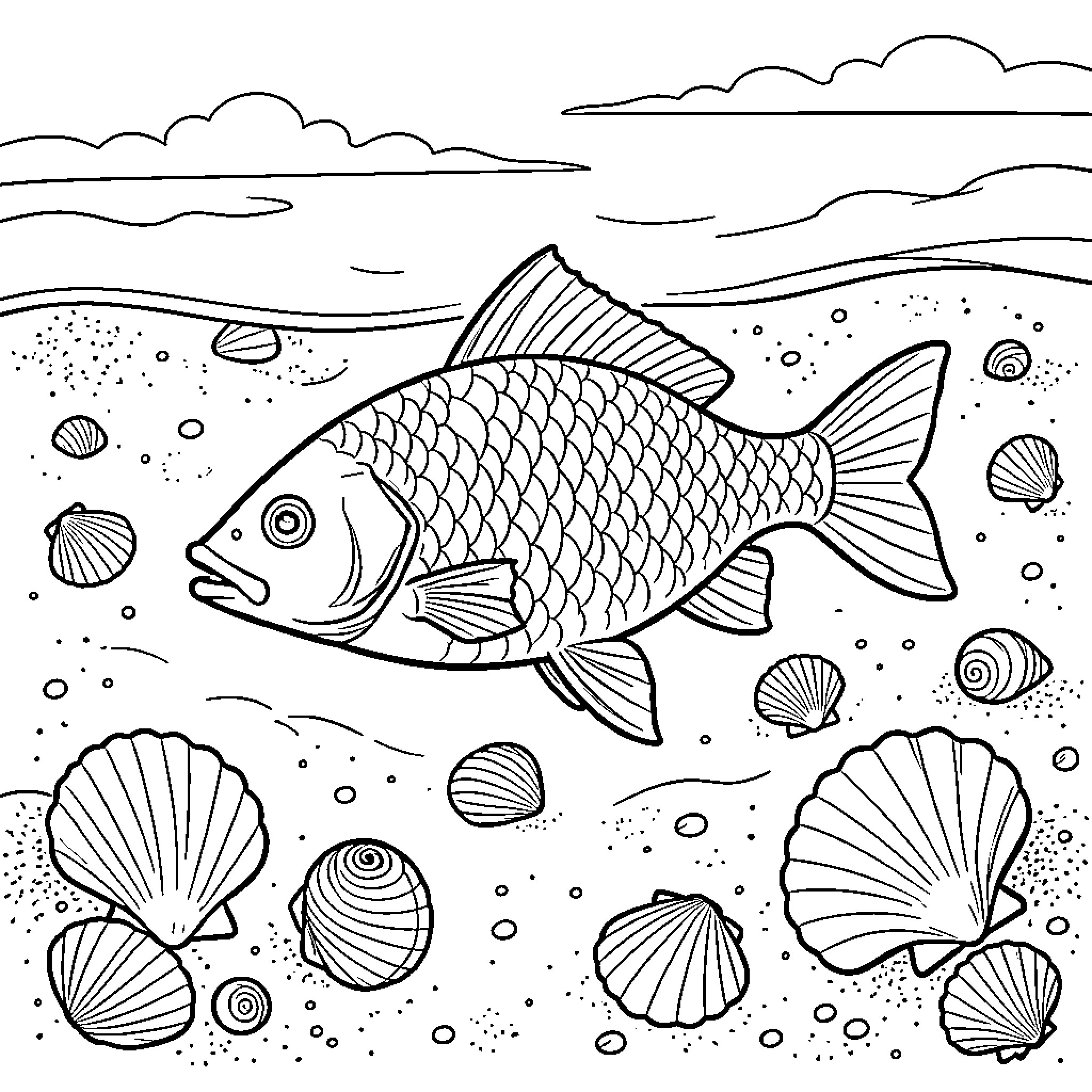 Poisonous fish swimming among seashells on the ocean floor Coloring Page (free black-and-white line drawing printable PDF for all, from beginners to advanced learners, including children, teens, adults, and seniors)