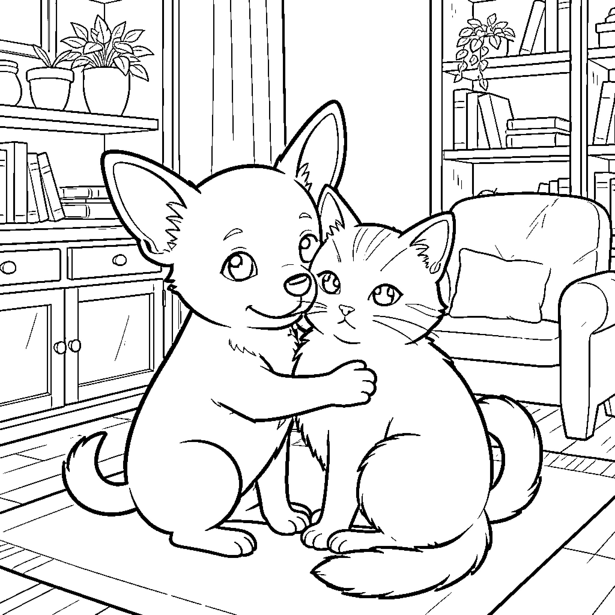 Chihuahua and Cat Cuddling in Cozy Living Room Coloring Page (free black-and-white line drawing printable PDF for all, from beginners to advanced learners, including children, teens, adults, and seniors)