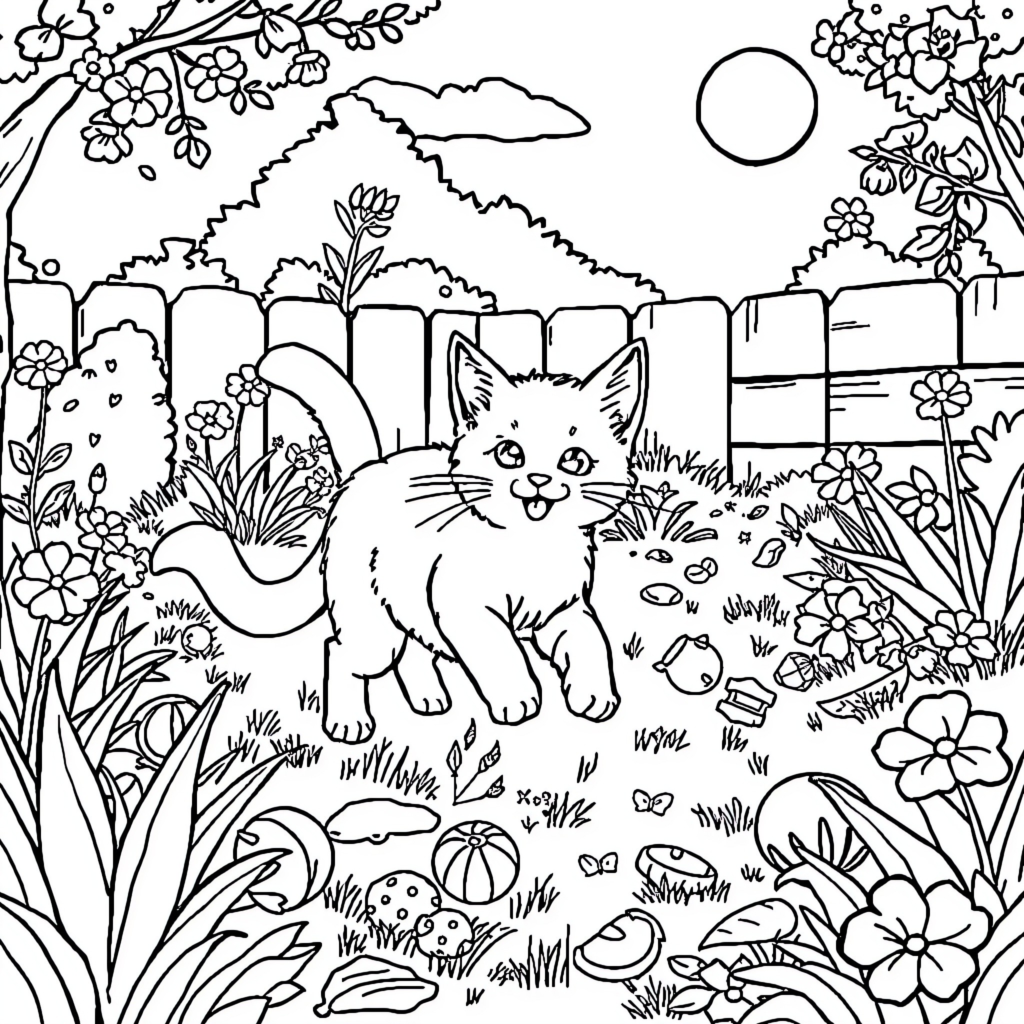 Cat enjoying a serene garden landscape Coloring Page (free black-and-white line drawing printable PDF for all, from beginners to advanced learners, including children, teens, adults, and seniors)