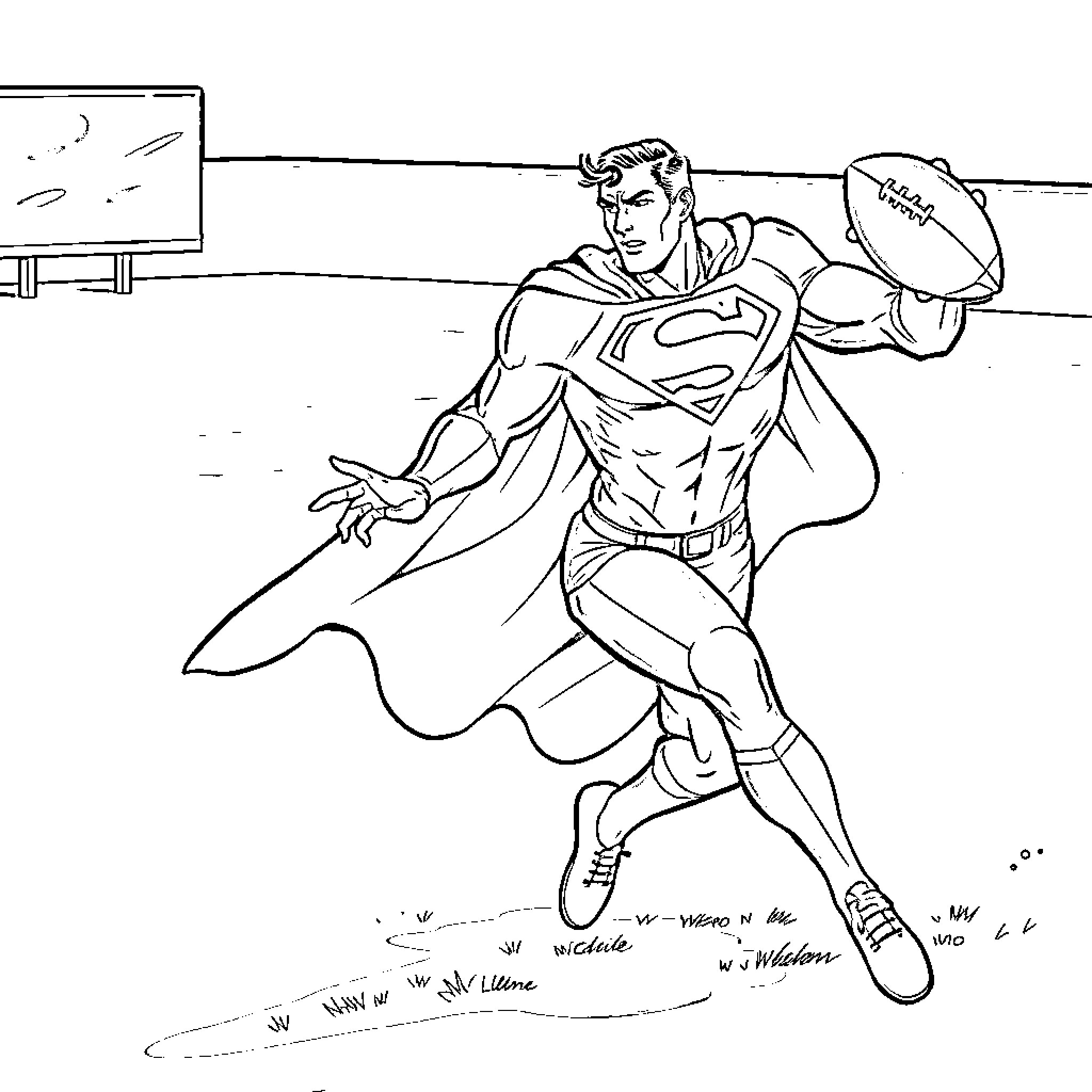 Superman soaring through the air in action pose Coloring Page (free black-and-white line drawing printable PDF for all, from beginners to advanced learners, including children, teens, adults, and seniors)