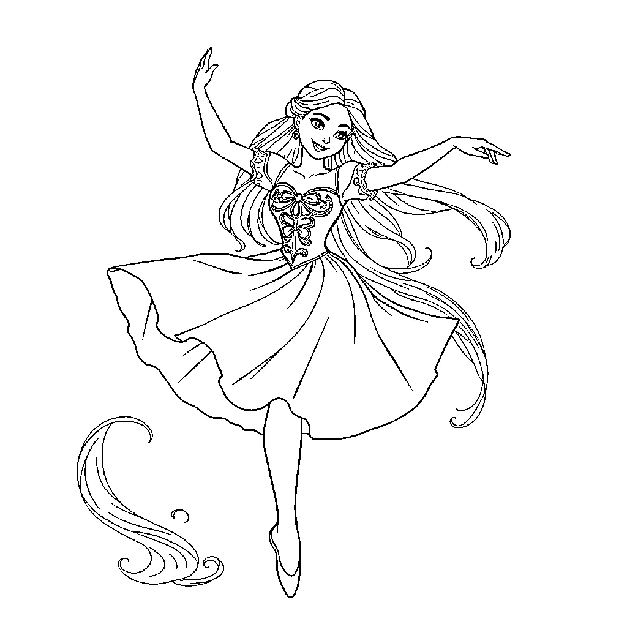 Princess dancing gracefully in elegant dress Coloring Page (free black-and-white line drawing printable PDF for all, from beginners to advanced learners, including children, teens, adults, and seniors)
