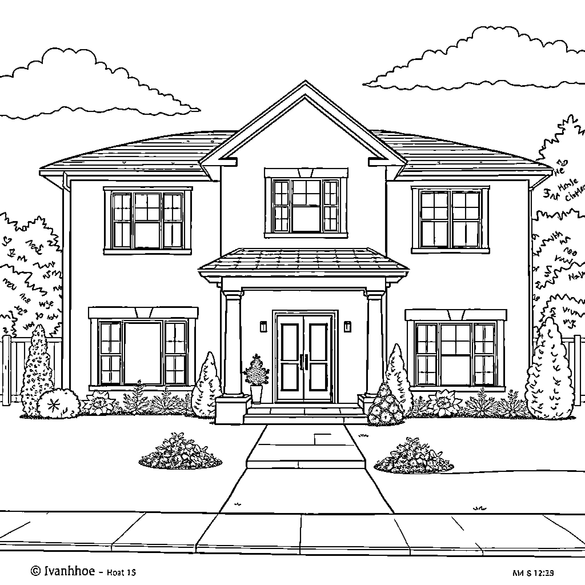 Home with Elegant Exterior and Landscaping Coloring Page (free black-and-white line drawing printable PDF for all, from beginners to advanced learners, including children, teens, adults, and seniors)